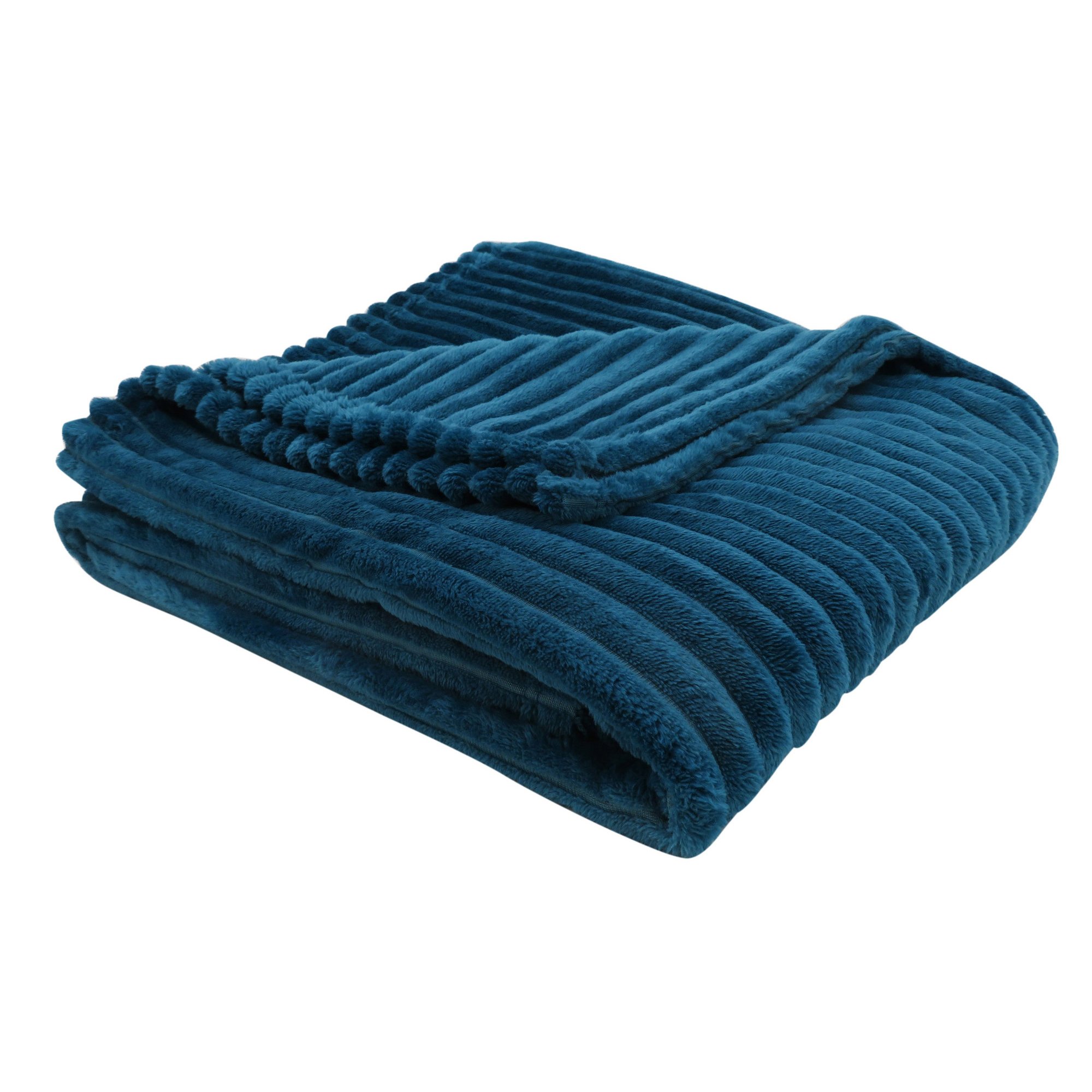 A cozy 50" x 60" blue ultra soft ribbed throw blanket draped elegantly over a sofa, showcasing its contemporary design and plush texture.