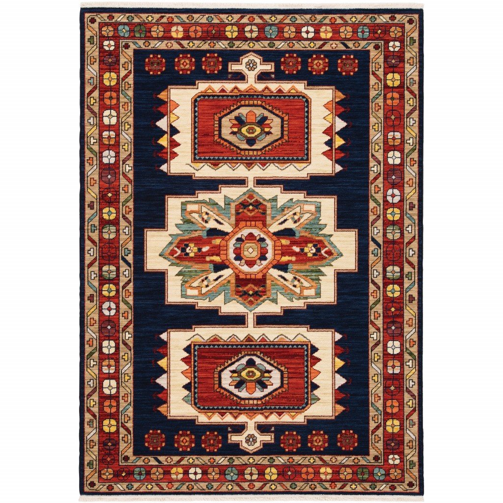 5x8 inches blue and red machine woven medallions indoor area rug featuring intricate patterns and a plush low pile construction.