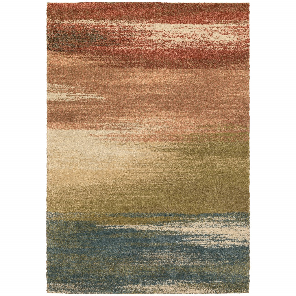 5 inches x 8 inches pink machine woven abstract colors indoor area rug featuring vibrant strokes of brick red, bronze, moss green, and teal on an ivory beige background.