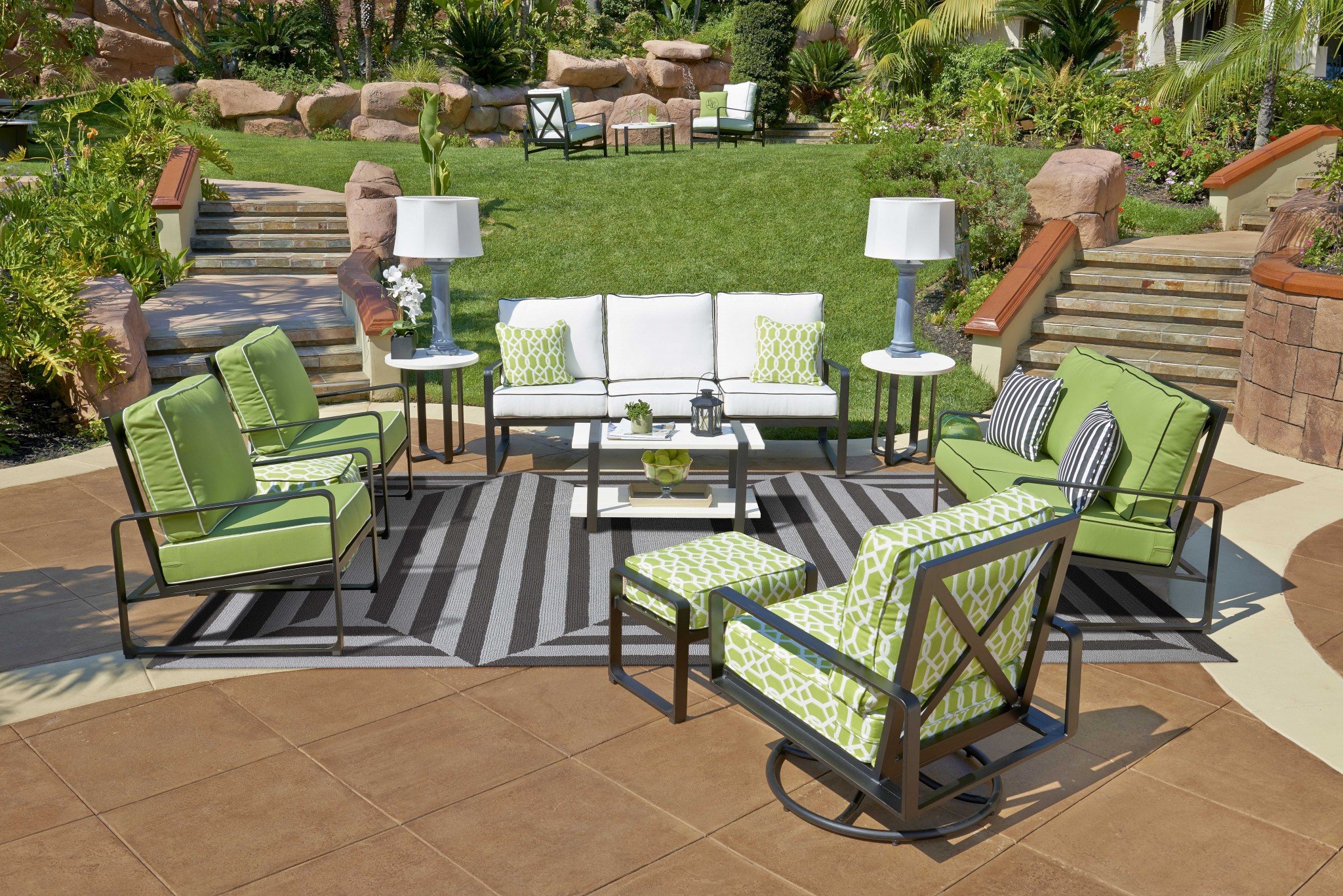 6' x 9' UV treated Polypropylene Charcoal Area Rug showcasing a modern design, perfect for indoor and outdoor use.