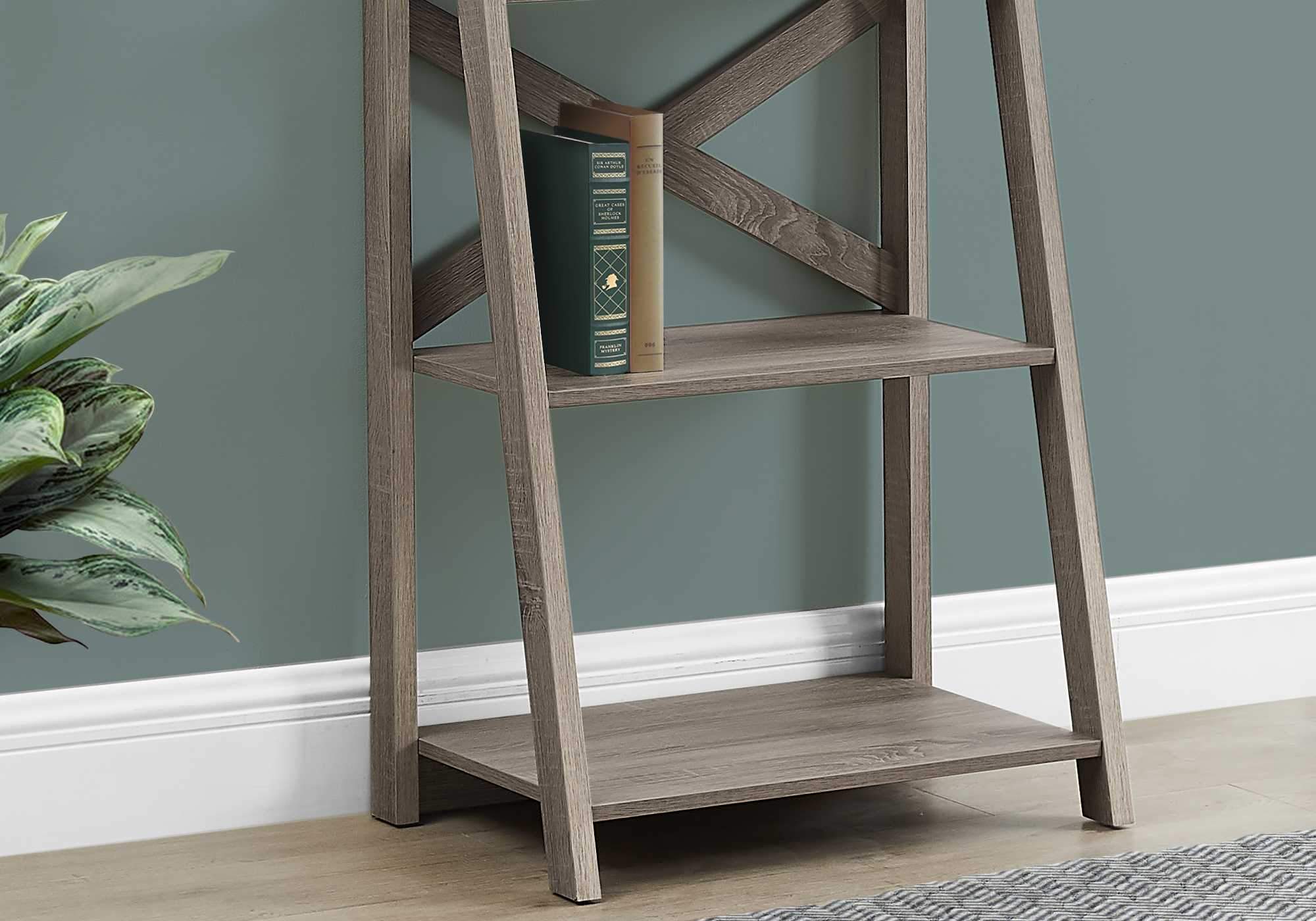 60-inch dark taupe ladder bookcase with four open shelves, showcasing a contemporary design suitable for various home settings.