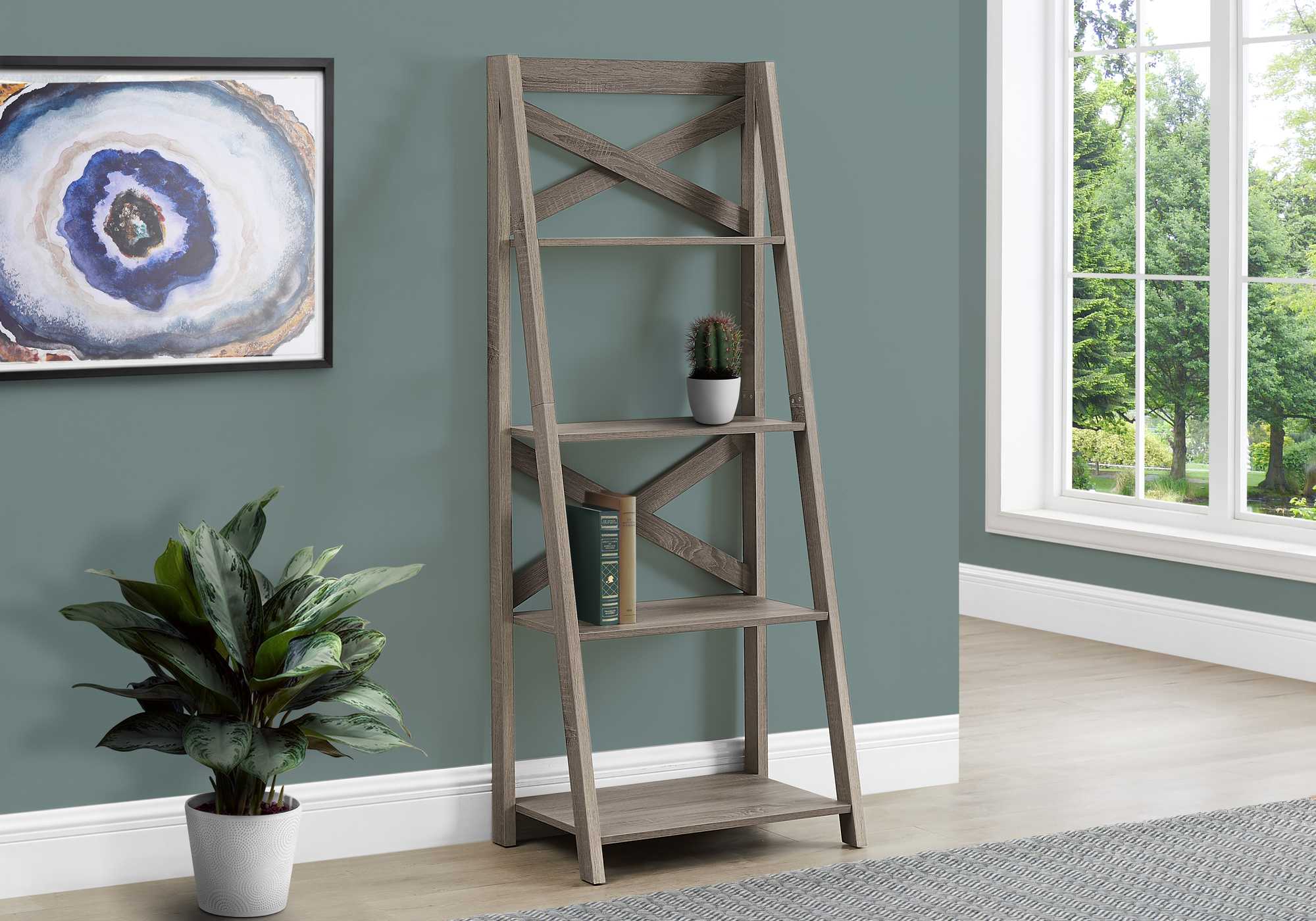 60-inch dark taupe ladder bookcase with four open shelves, showcasing a contemporary design suitable for various home settings.