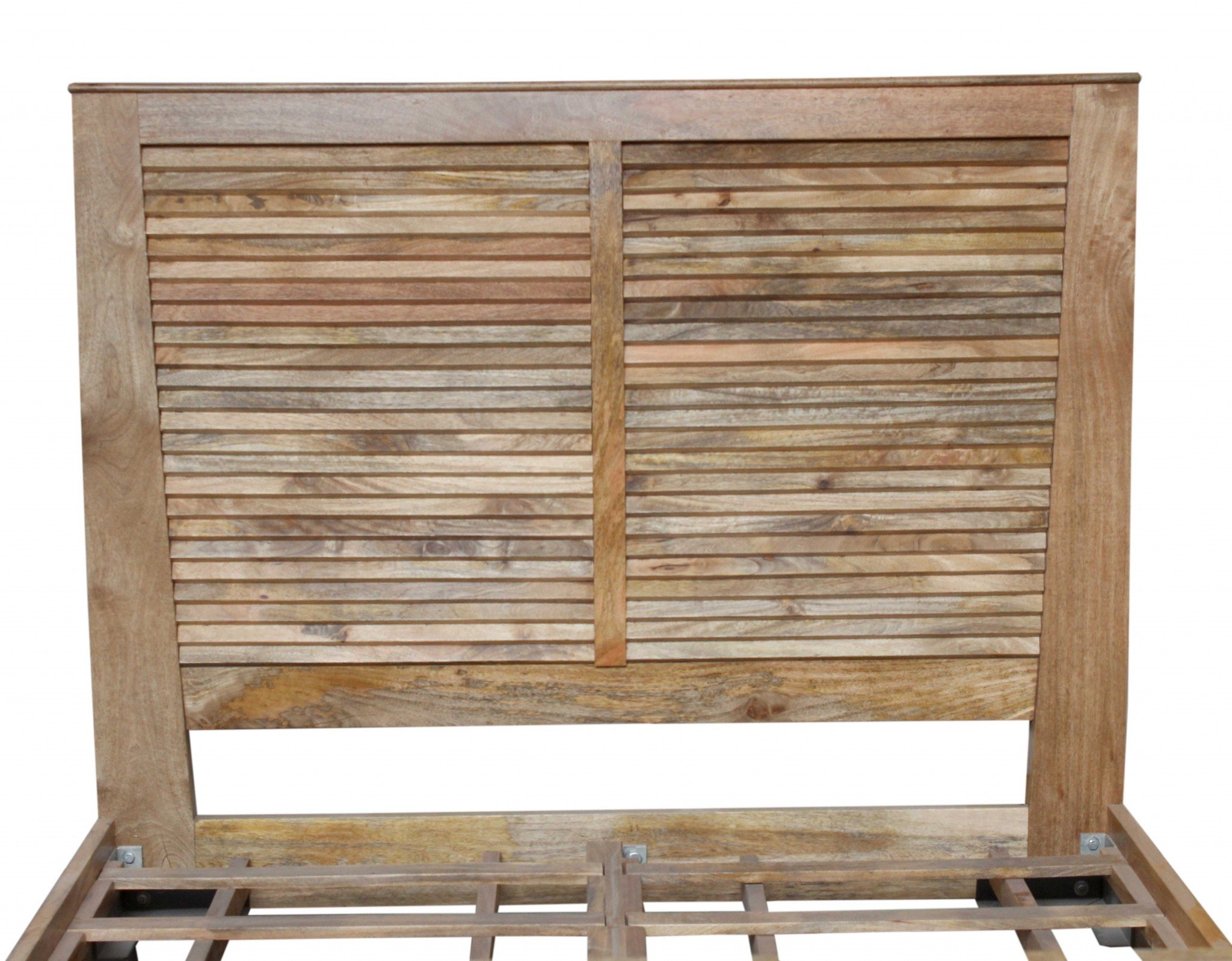 A rustic queen size bed made of natural acacia wood with a high headboard and footboard, featuring black iron origami legs and an open slat system.