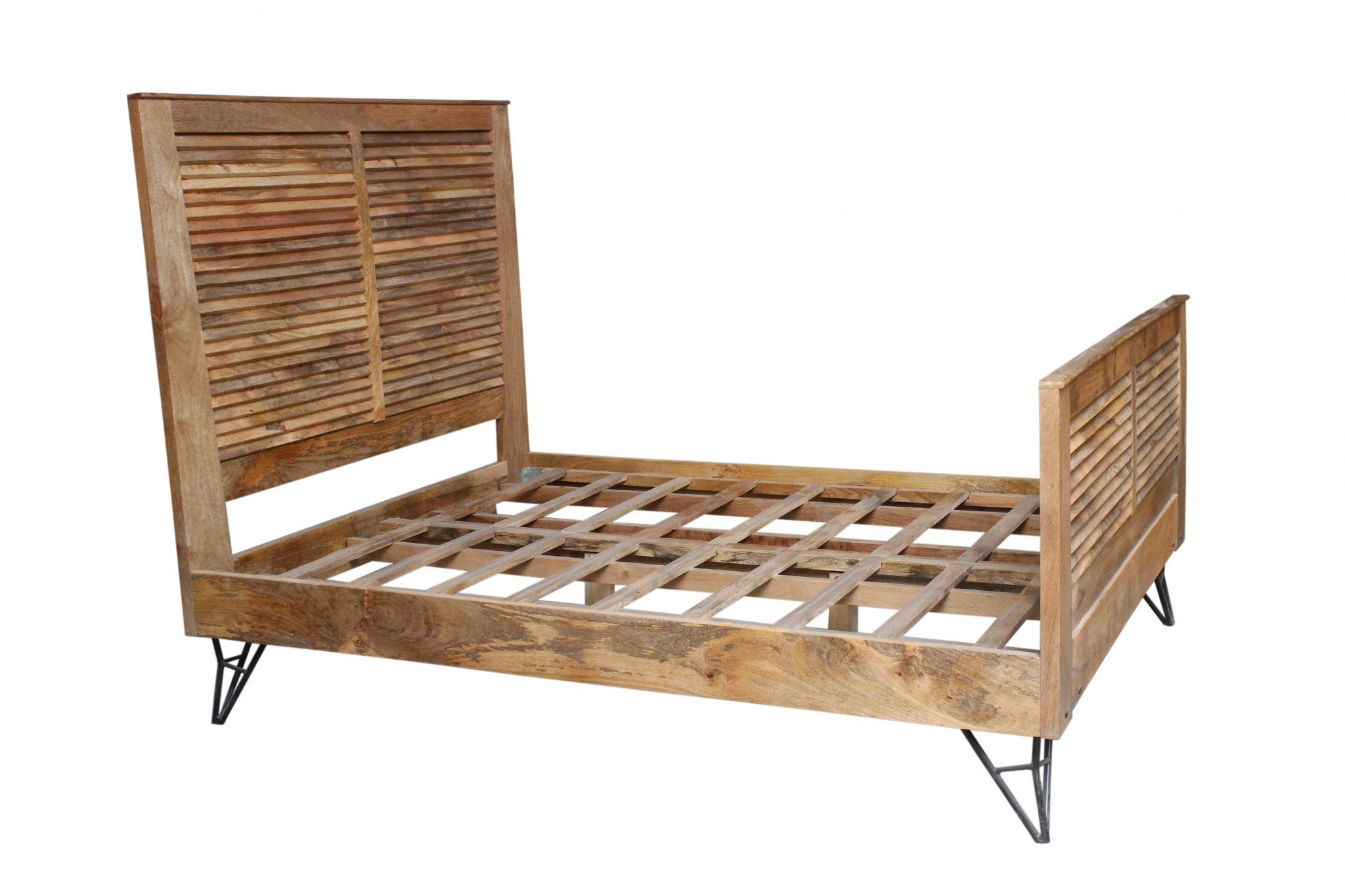 A rustic queen size bed made of natural acacia wood with a high headboard and footboard, featuring black iron origami legs and an open slat system.