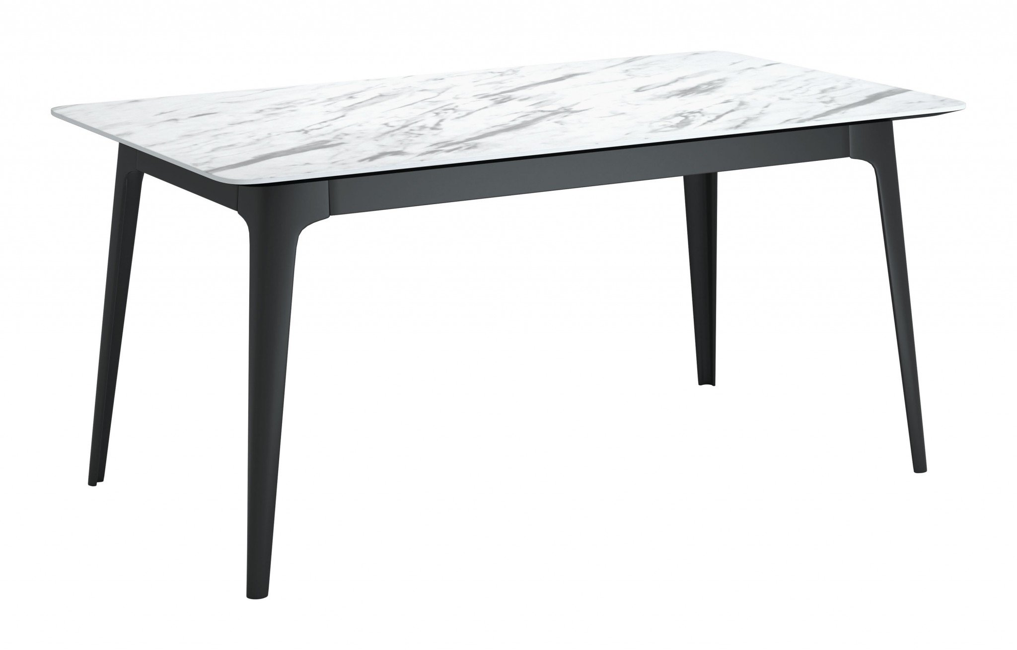 A stylish dining table featuring a faux marble top with gray veining, supported by a sleek black mid-century modern base, designed to seat six comfortably.