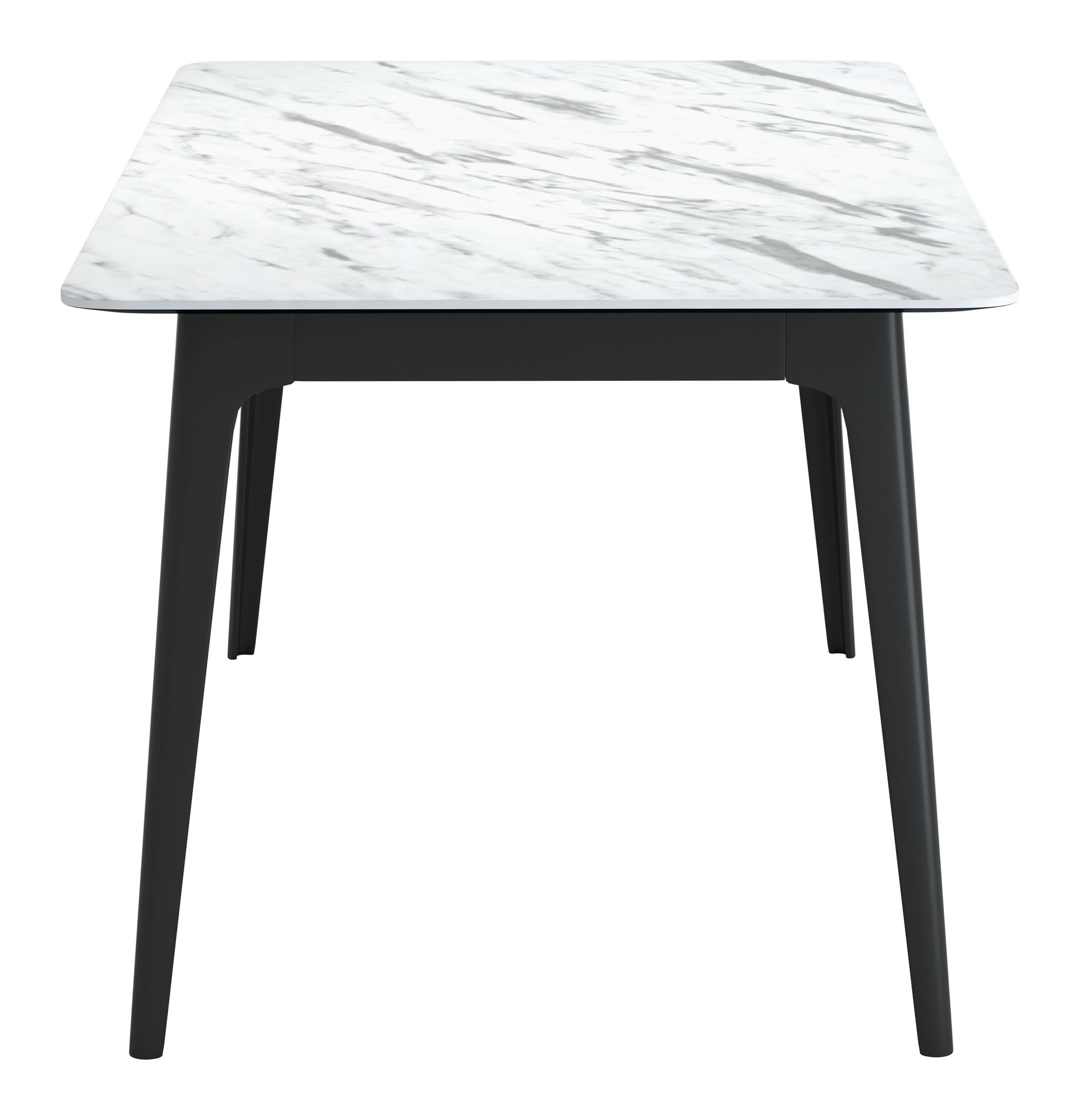 A stylish dining table featuring a faux marble top with gray veining, supported by a sleek black mid-century modern base, designed to seat six comfortably.