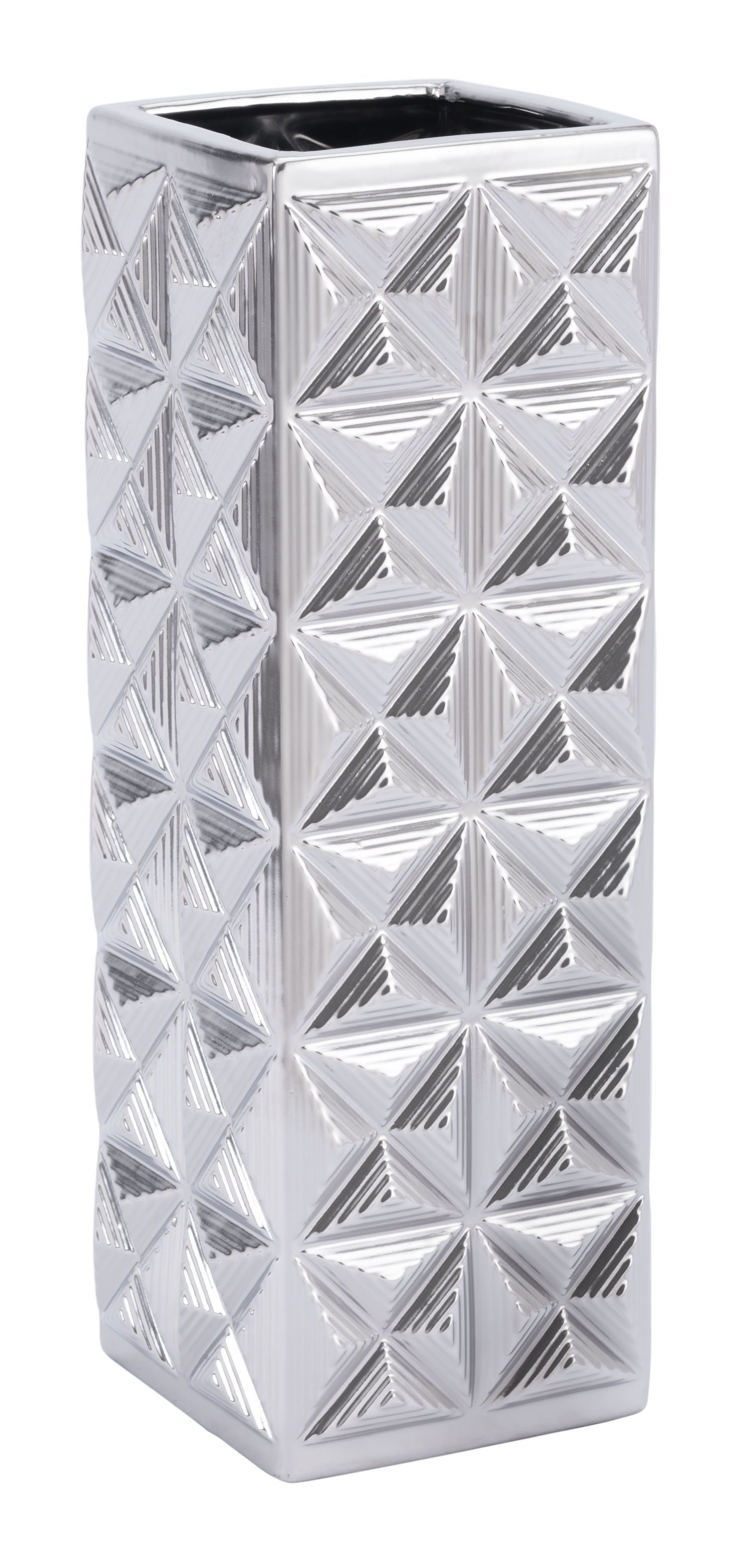 A large silver ceramic vase with a kaleidoscope pattern, measuring 6.3 inches square and 16.9 inches tall, showcasing modern design.