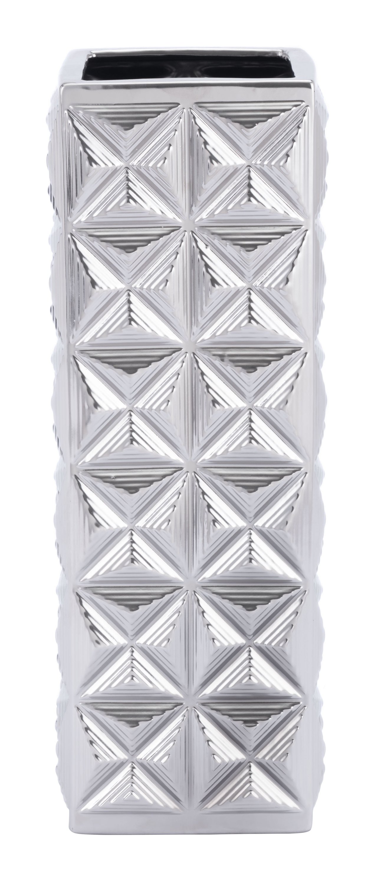 A large silver ceramic vase with a kaleidoscope pattern, measuring 6.3 inches square and 16.9 inches tall, showcasing modern design.