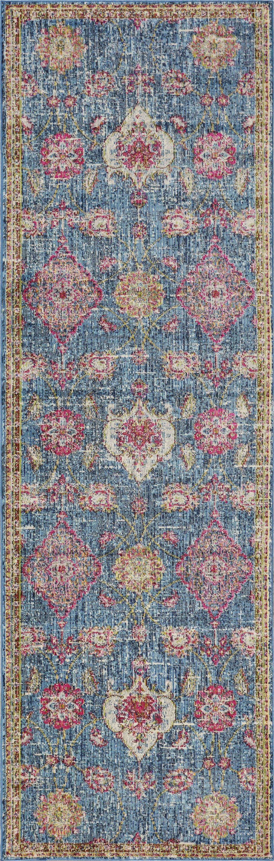 A beautiful 63" x 91" blue polypropylene rug featuring intricate vintage-inspired patterns, perfect for enhancing home decor.