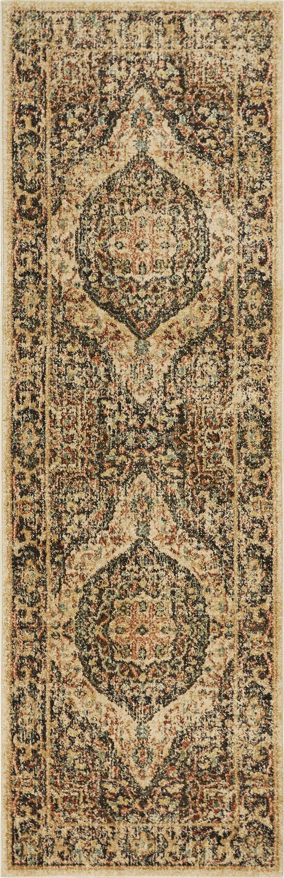 A 63" X 91" Mocha Polypropylene Rug featuring a vintage traditional design with distressed touches, made from soft polypropylene frisee yarn.