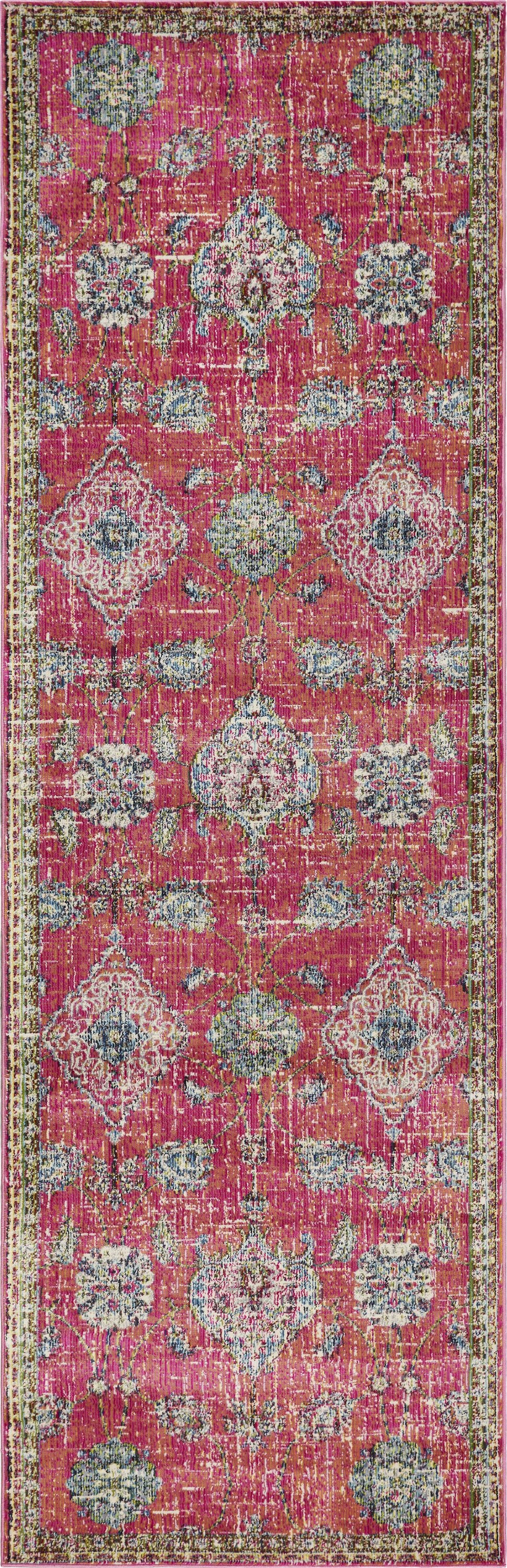 A vibrant 63" x 91" pink polypropylene rug from the Dreamweaver Collection, featuring intricate patterns and a soft texture, perfect for home decor.