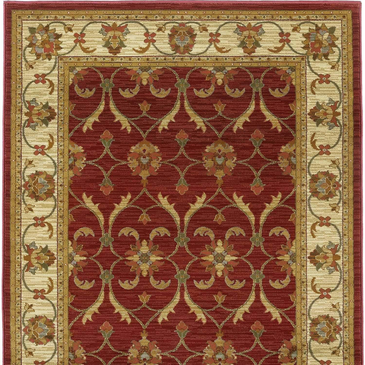 A stylish 63" x 91" Red or Ivory Polypropylene Rug featuring intricate patterns, perfect for enhancing home decor.