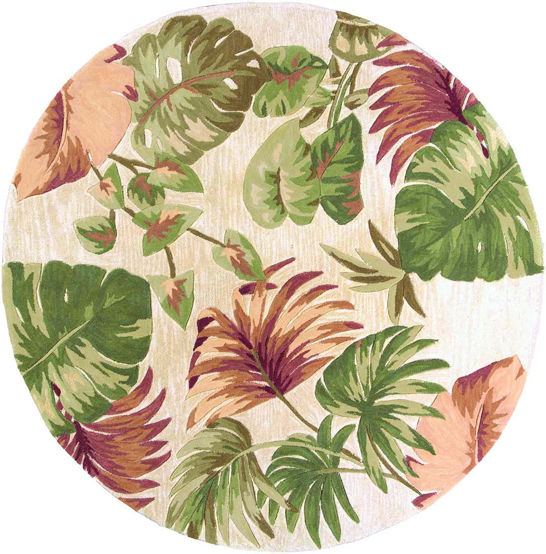 A beautiful 6-inch round beige hand-tufted area rug featuring tropical plant designs, perfect for indoor living spaces.