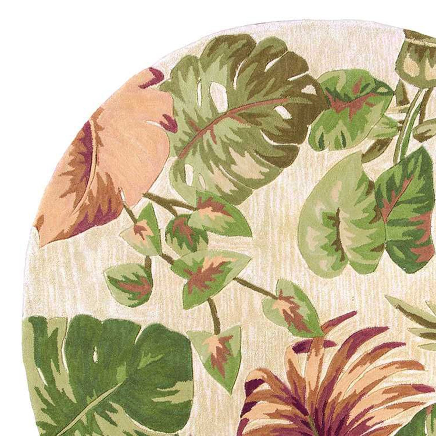 A beautiful 6-inch round beige hand-tufted area rug featuring tropical plant designs, perfect for indoor living spaces.