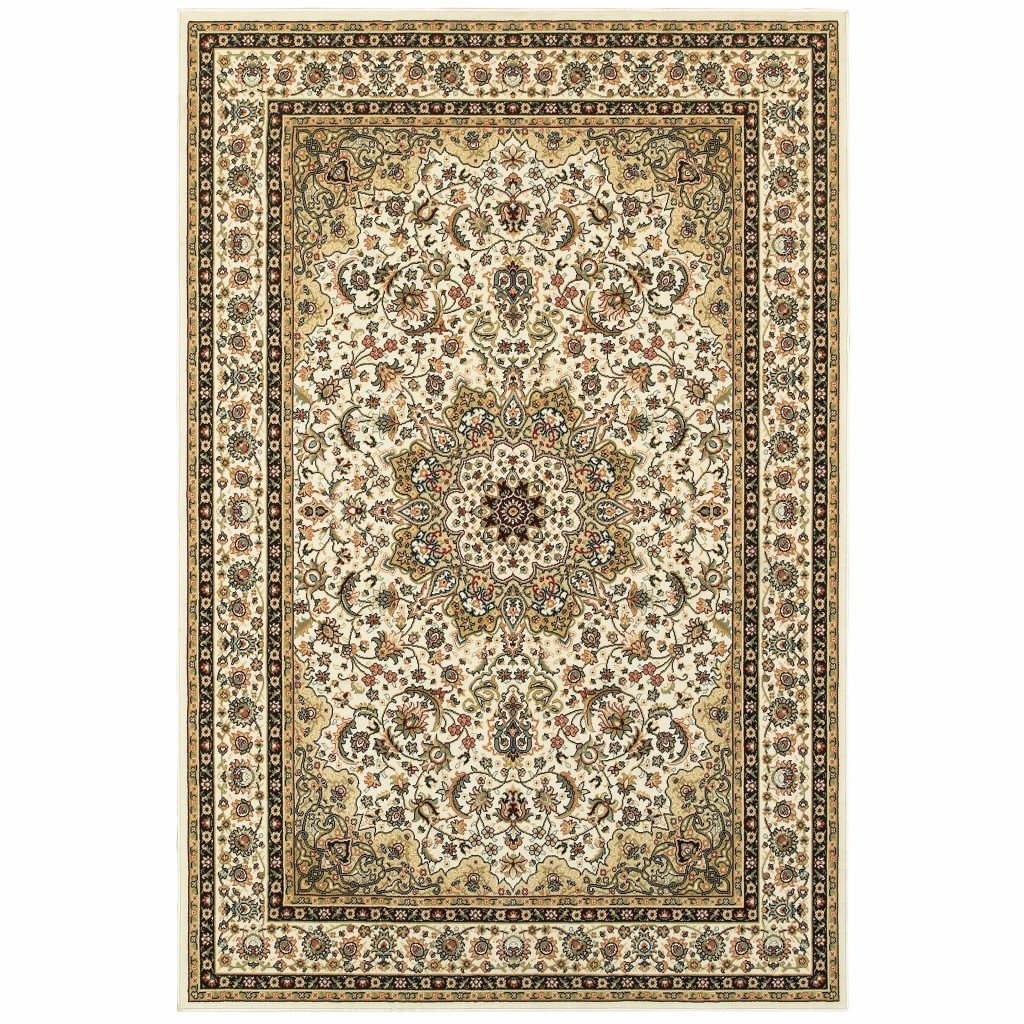 6 inches x 9 inches ivory beige machine woven oriental indoor area rug featuring intricate Persian-inspired patterns and floral medallion design.