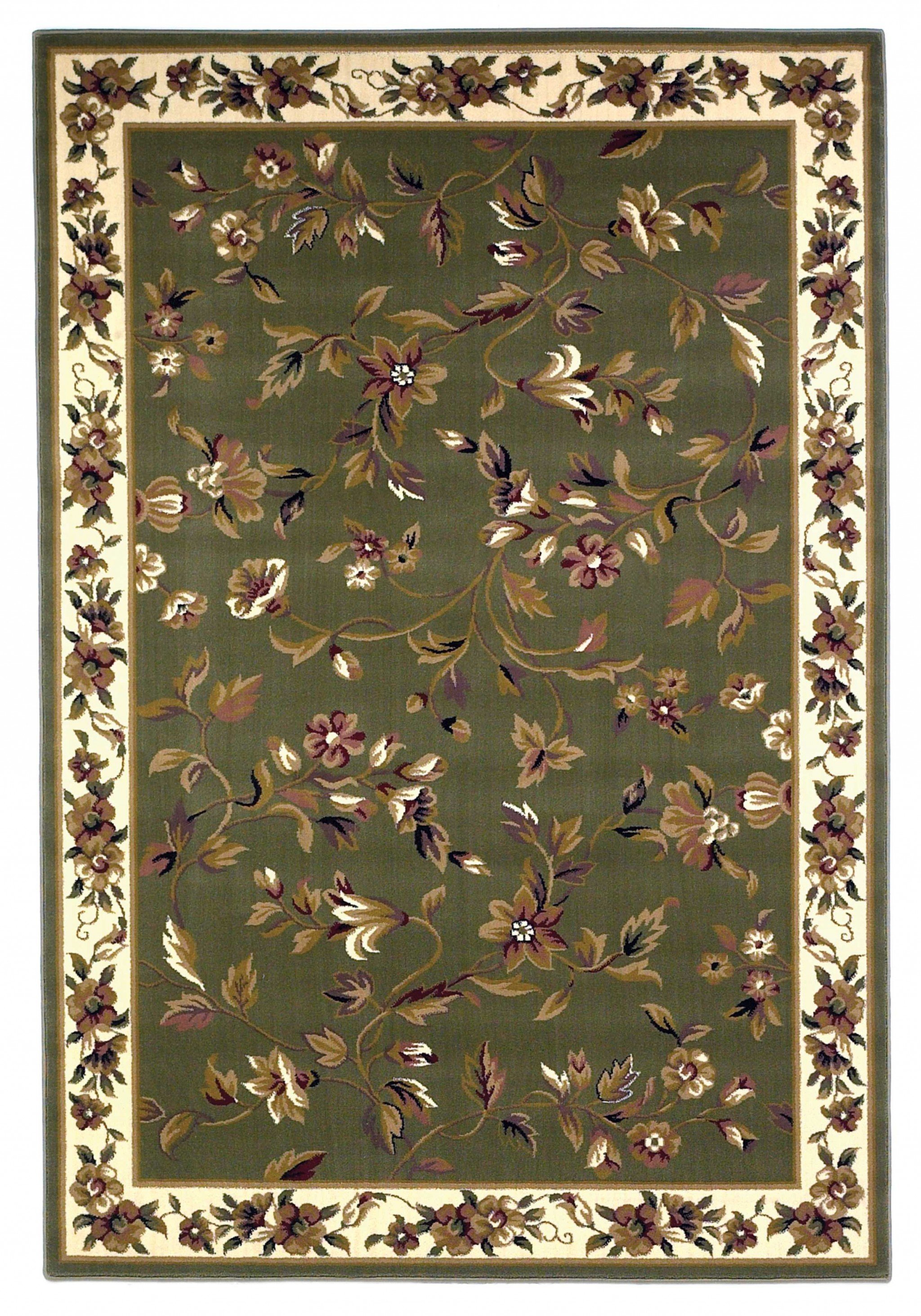 7' round area rug featuring a floral vine design in sage and ivory colors, perfect for enhancing home decor.