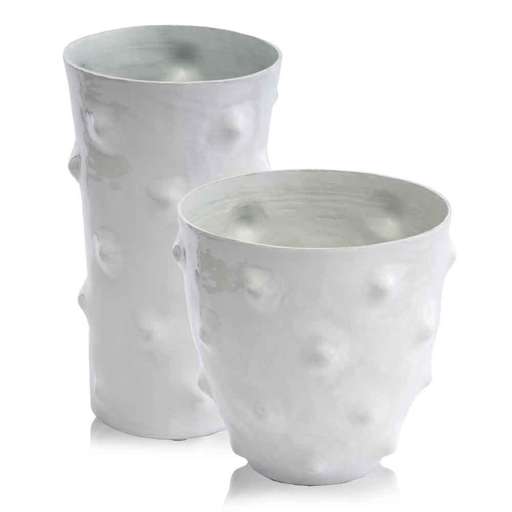 A stylish 7-inch white short dotted vase made of iron with a powder-coated finish, featuring a unique dotted design.