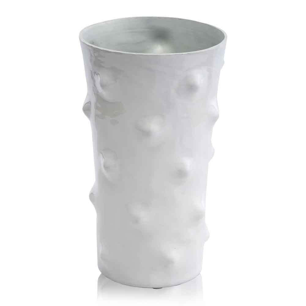 A stylish 7-inch white short dotted vase made of iron with a powder-coated finish, featuring a unique dotted design.