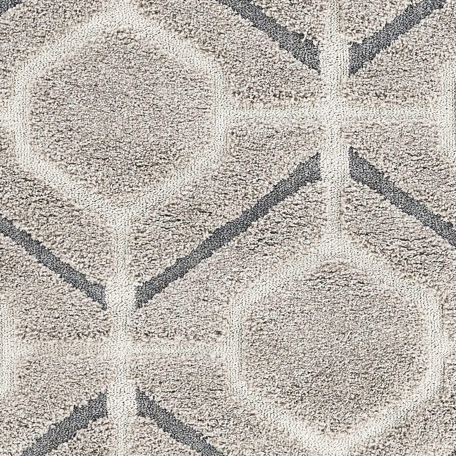 A plush 78" X 78" grey polypropylene rug with a hi-lo pile, showcasing a stylish pattern, perfect for enhancing home decor.