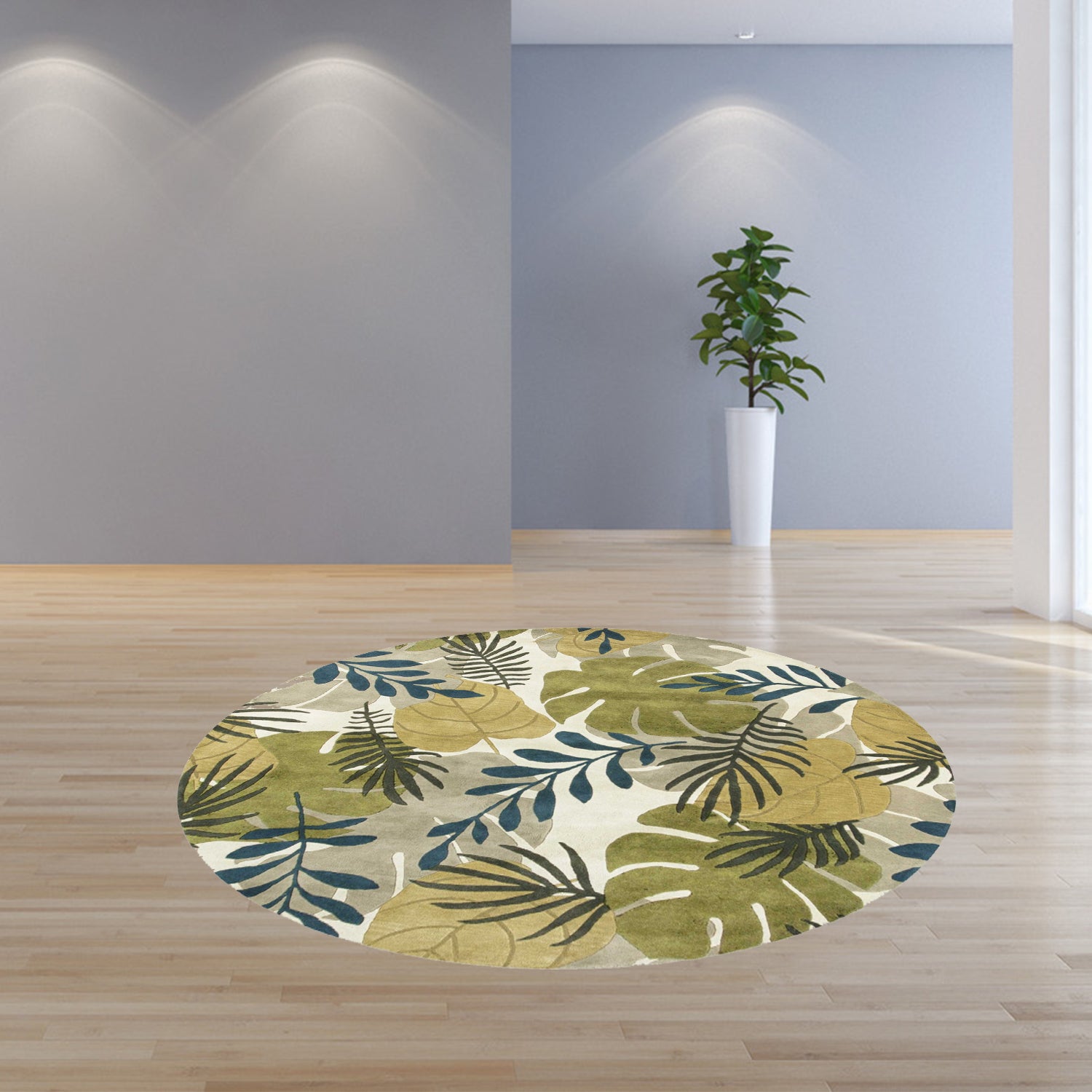 7-inch round wool ivory area rug with elegant design, hand-tufted texture, and nature-inspired colors, perfect for contemporary decor.