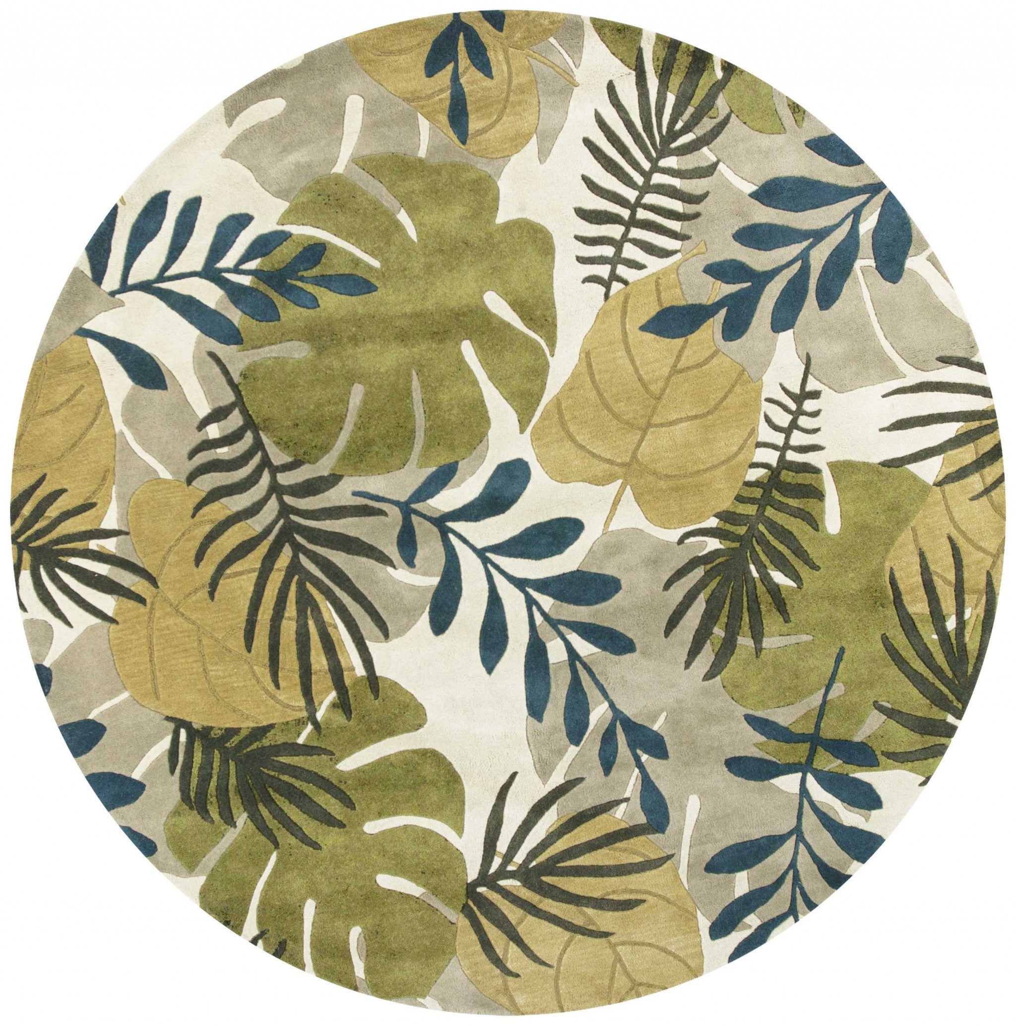 7-inch round wool ivory area rug with elegant design, hand-tufted texture, and nature-inspired colors, perfect for contemporary decor.