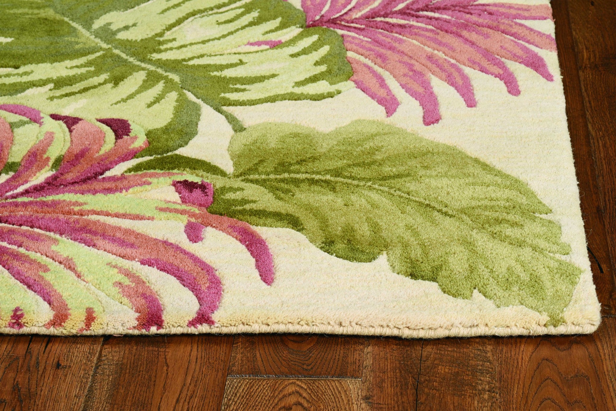 7x9 wool beige area rug with palm leaf design, perfect for contemporary living spaces.