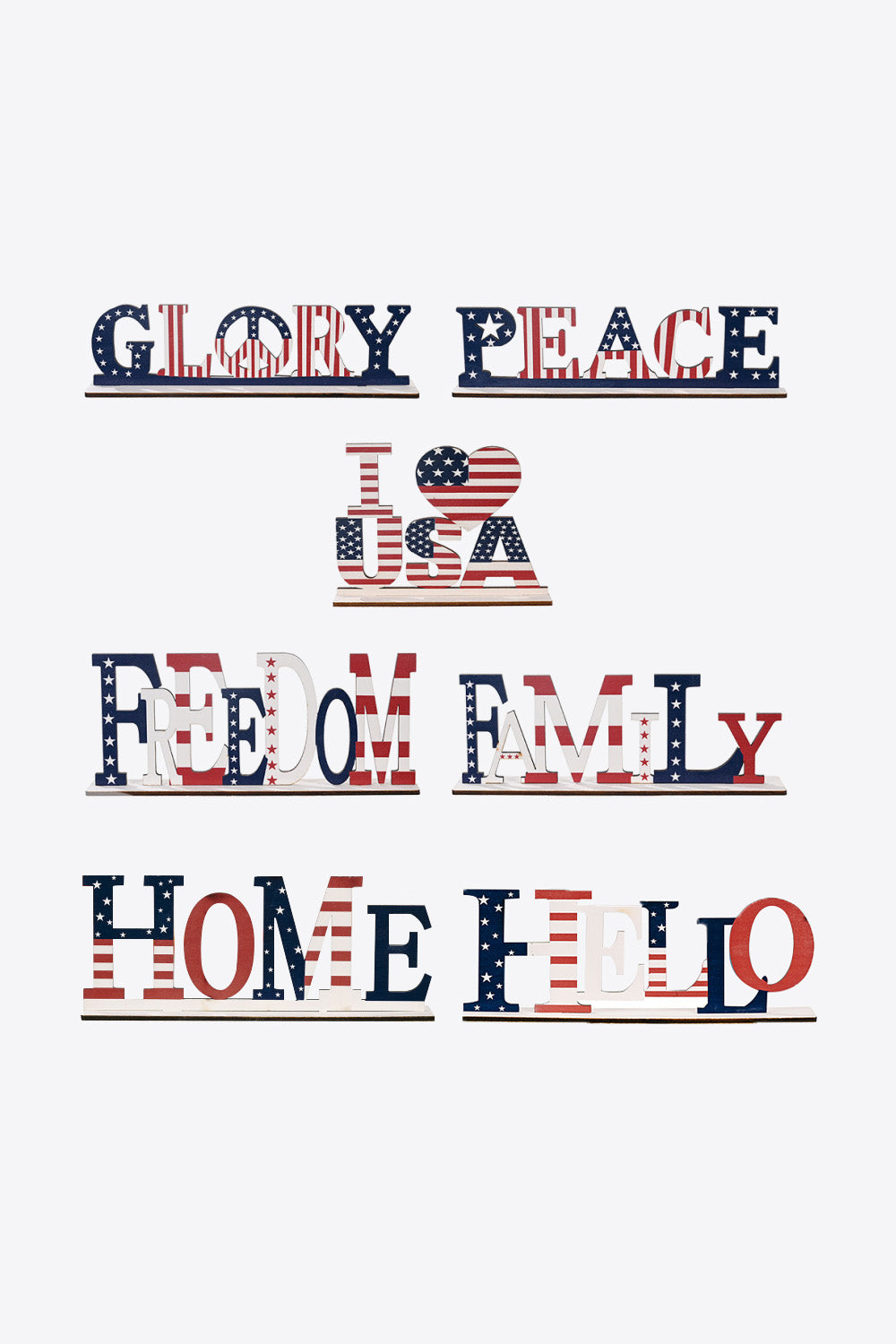 A vibrant set of 7-piece Independence Day letter decor ornaments made from knit fabric, showcasing red, white, and blue colors.