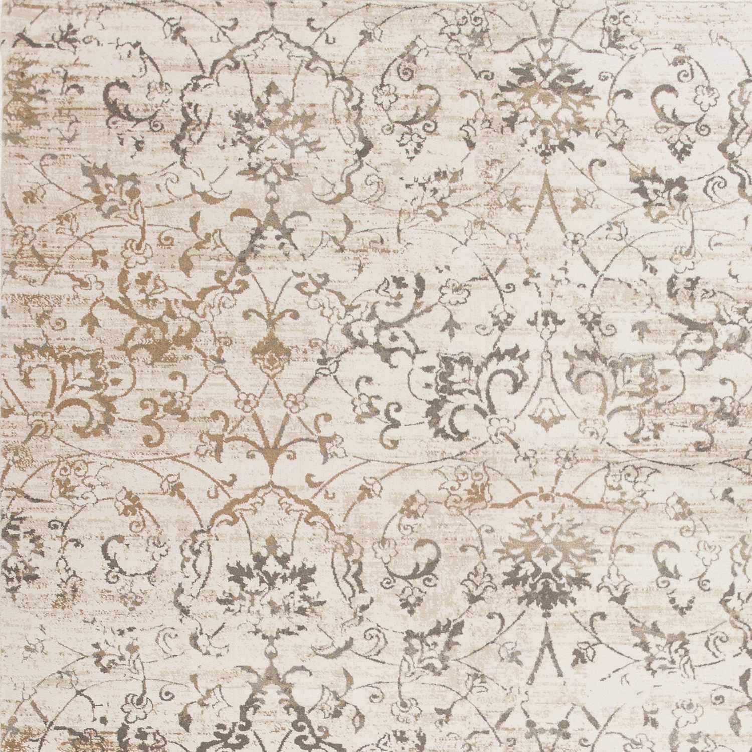 7'x10' beige machine woven floral area rug with hi/lo patterns and soft sheen highlights, perfect for indoor use.