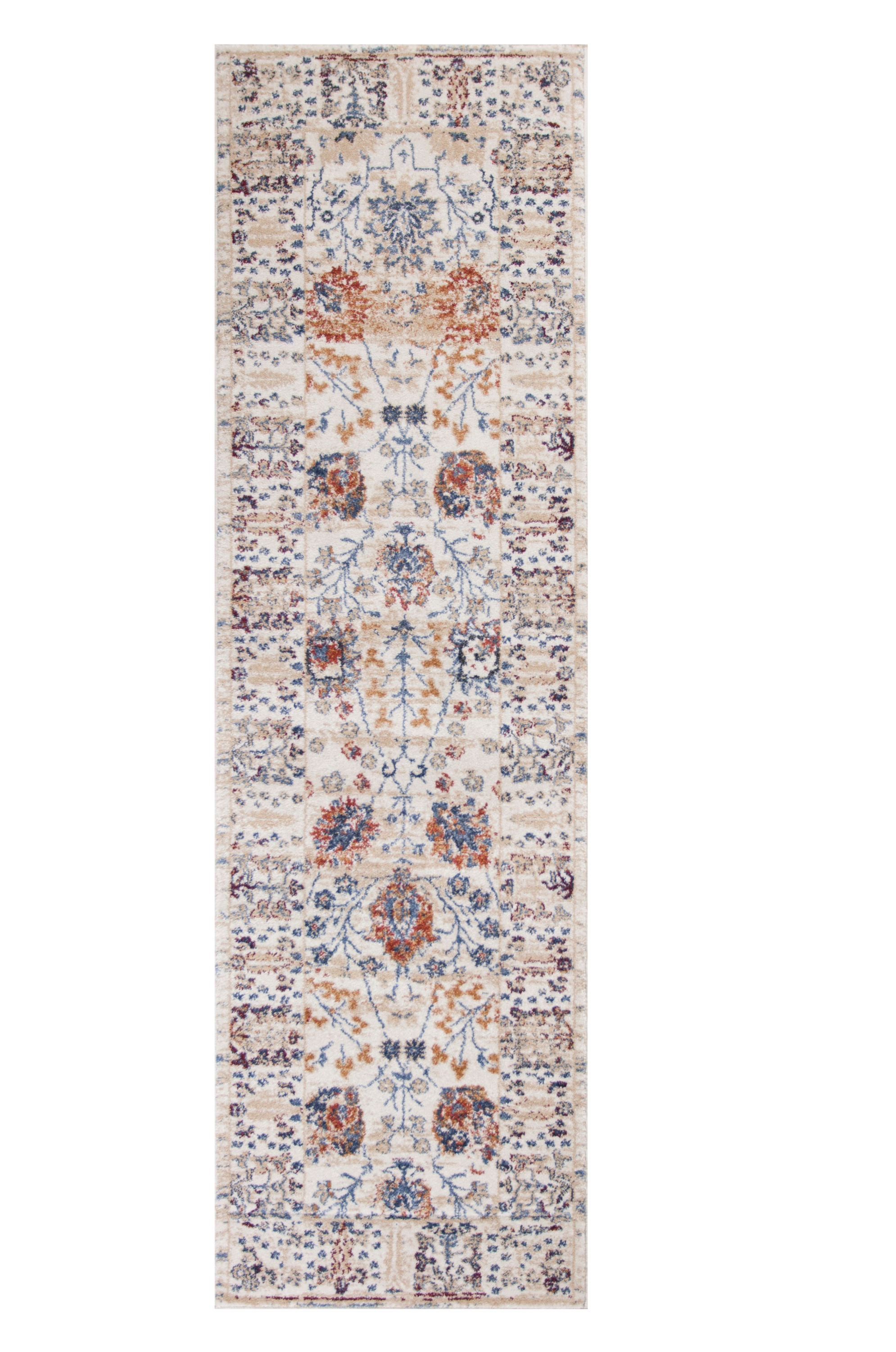 8' beige machine woven bordered floral indoor runner rug with intricate patterns and plush texture, perfect for enhancing home decor.