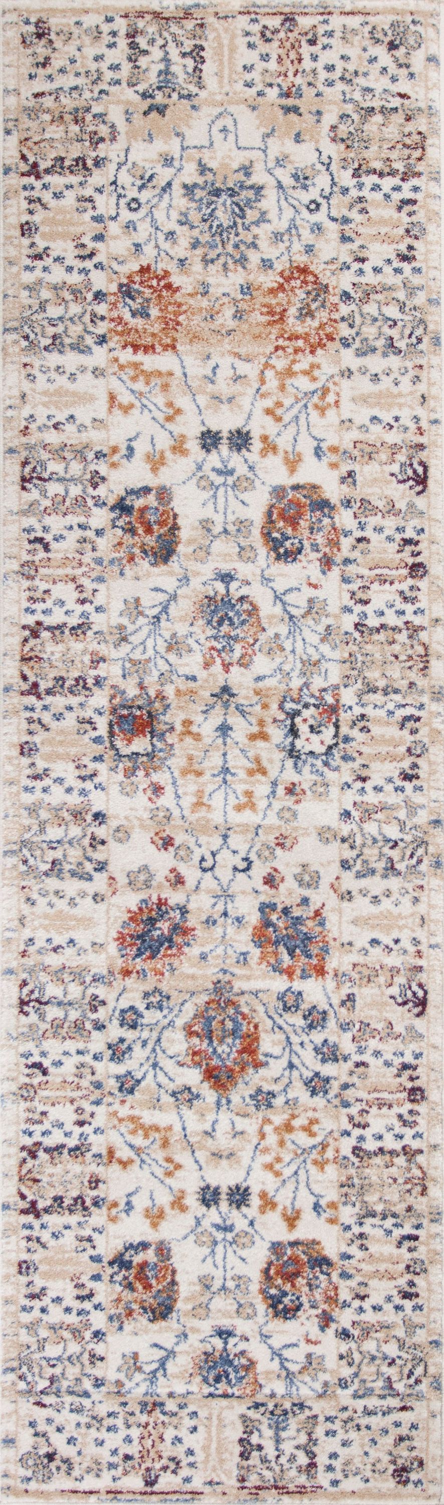 8' beige machine woven bordered floral indoor runner rug with intricate patterns and plush texture, perfect for enhancing home decor.