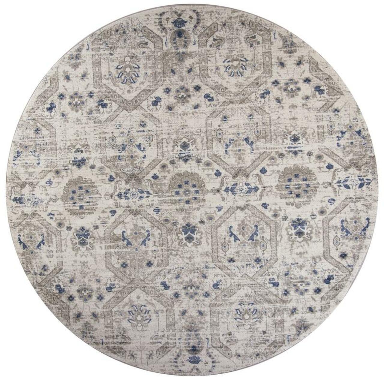 8' Ivory Machine Woven Geometric Round Indoor Area Rug featuring a plush pile and stylish geometric patterns.