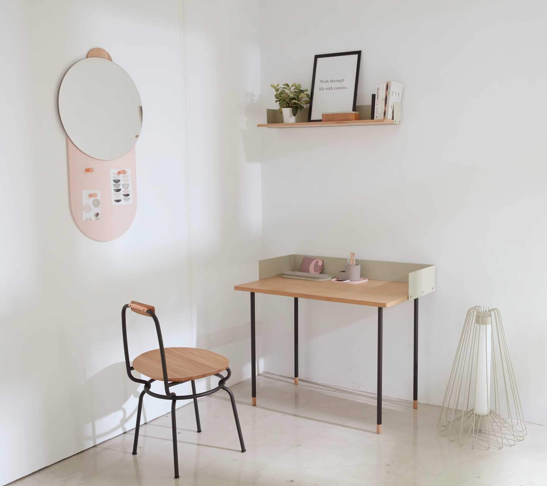 A stylish 83.6" x 83.6" x 60" beige veneer steel desk featuring a scandi design, perfect for enhancing any workspace.