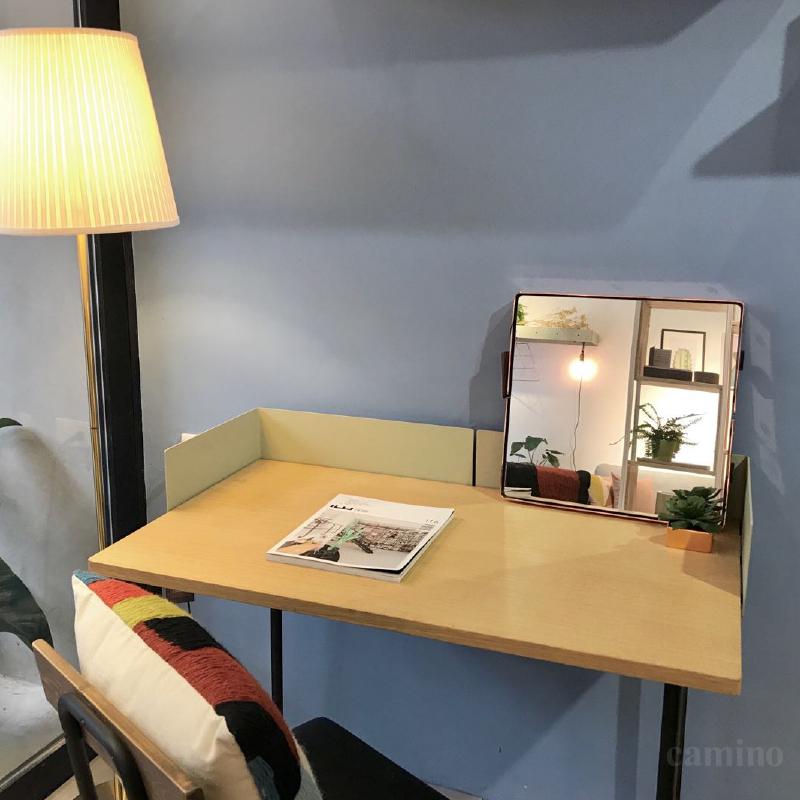 A stylish 83.6" x 83.6" x 60" beige veneer steel desk featuring a scandi design, perfect for enhancing any workspace.