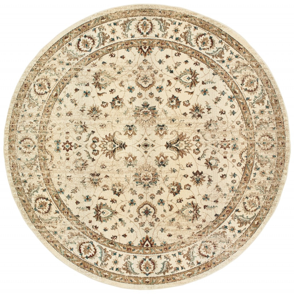 8-inch round ivory and gold distressed indoor area rug with intricate patterns, perfect for adding elegance to any room.