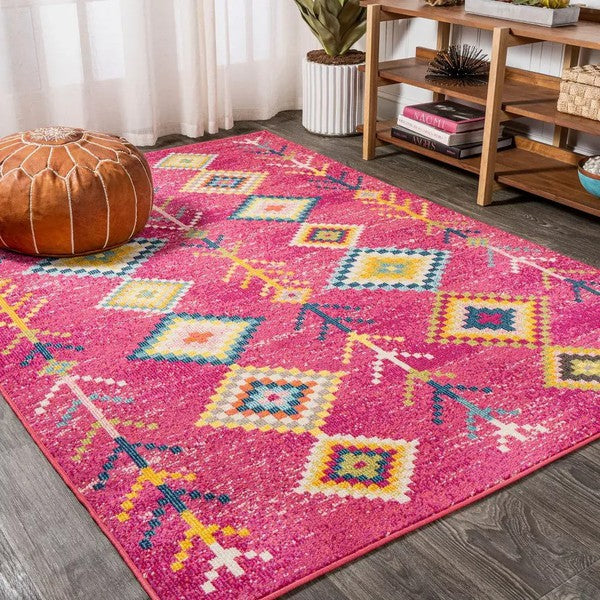 8x10 feet pink yellow geometric area rug featuring vibrant tribal patterns and a soft texture, perfect for boho-chic decor.