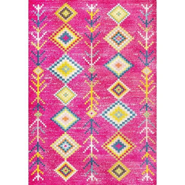 8x10 feet pink yellow geometric area rug featuring vibrant tribal patterns and a soft texture, perfect for boho-chic decor.