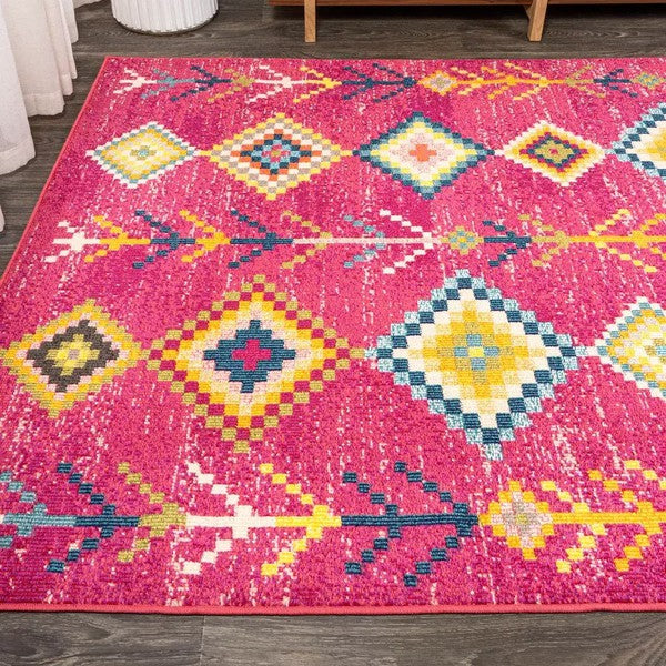 8x10 feet pink yellow geometric area rug featuring vibrant tribal patterns and a soft texture, perfect for boho-chic decor.