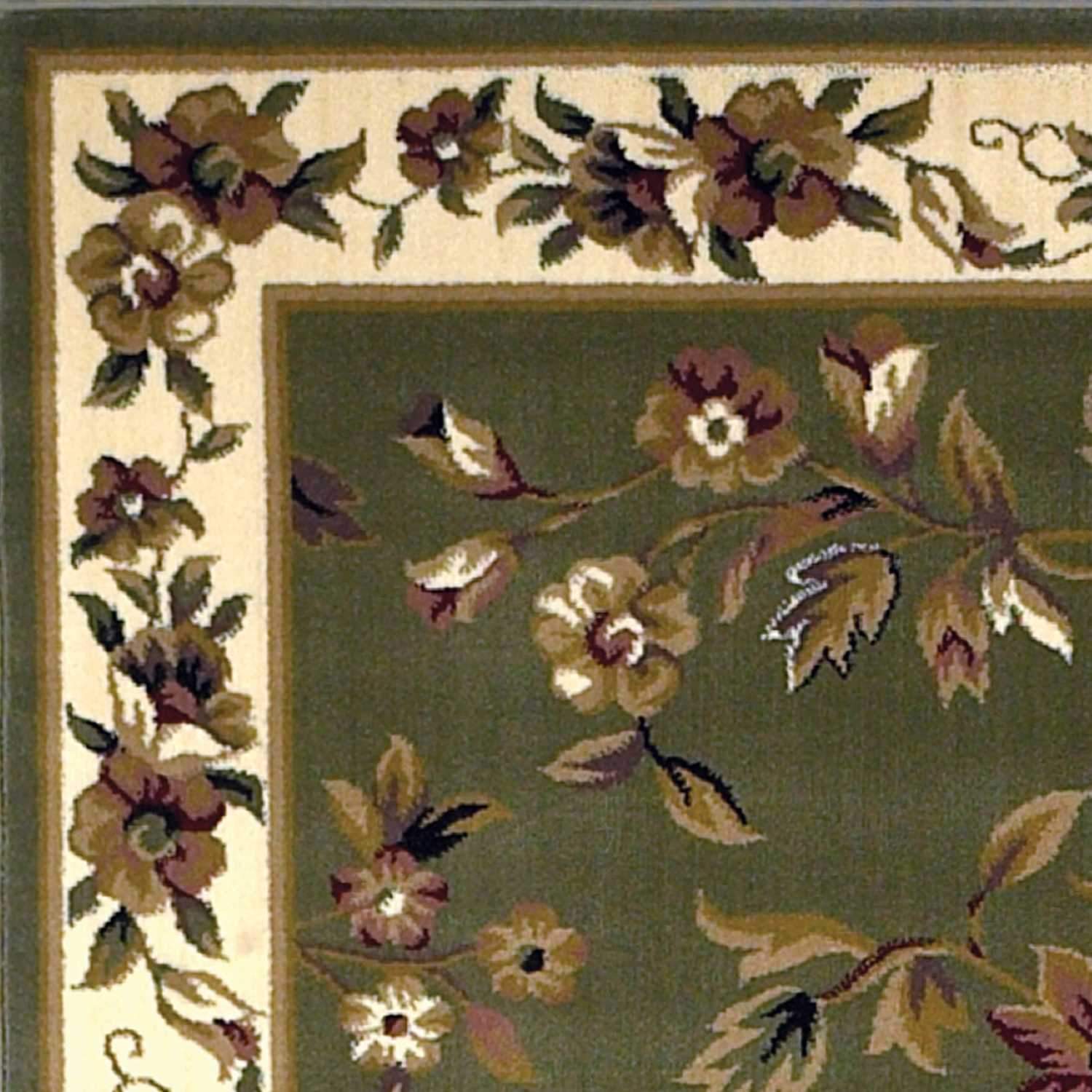 A beautiful 9' x 13' area rug featuring a floral vine design in sage and ivory colors, perfect for enhancing home decor.