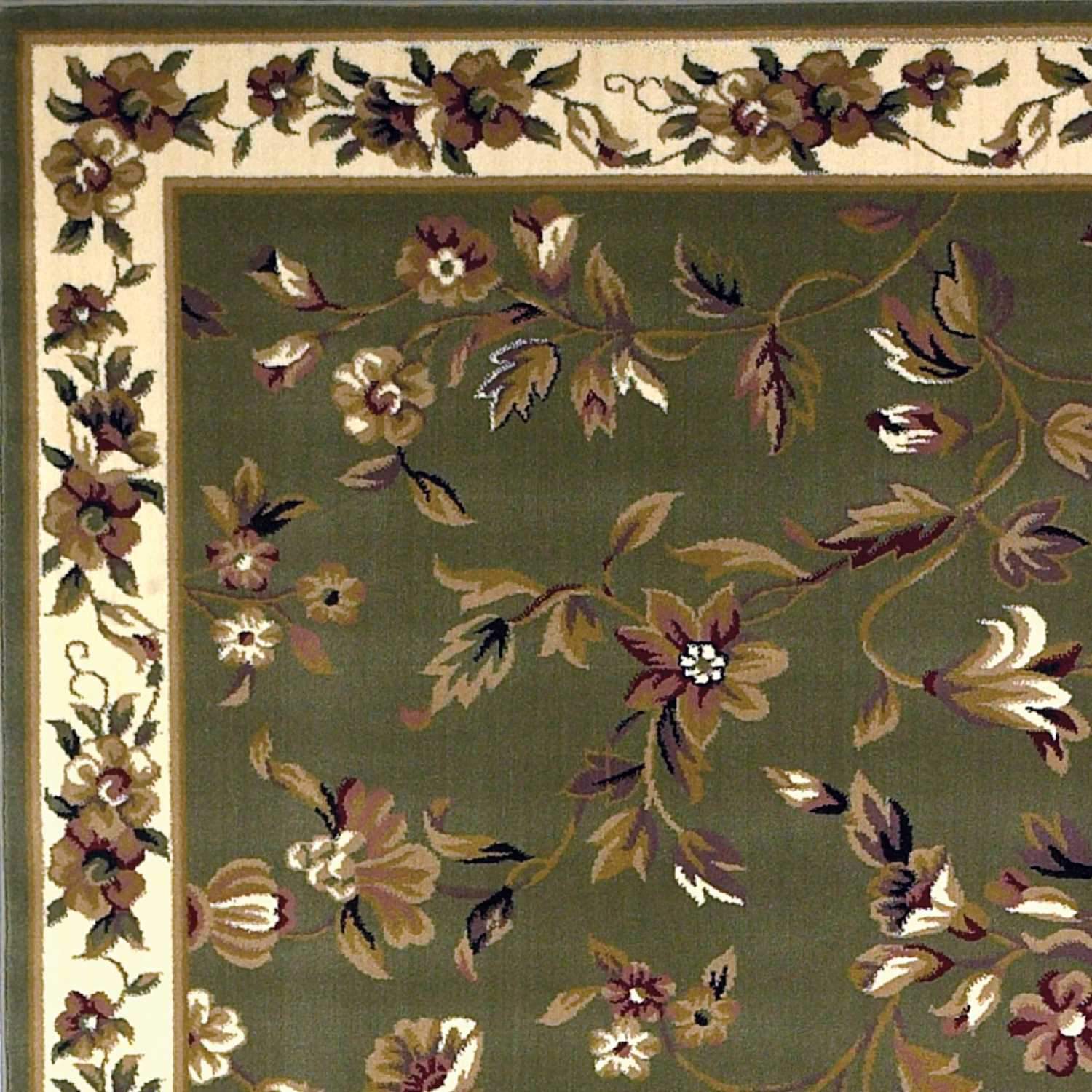 A beautiful 9' x 13' area rug featuring a floral vine design in sage and ivory colors, perfect for enhancing home decor.