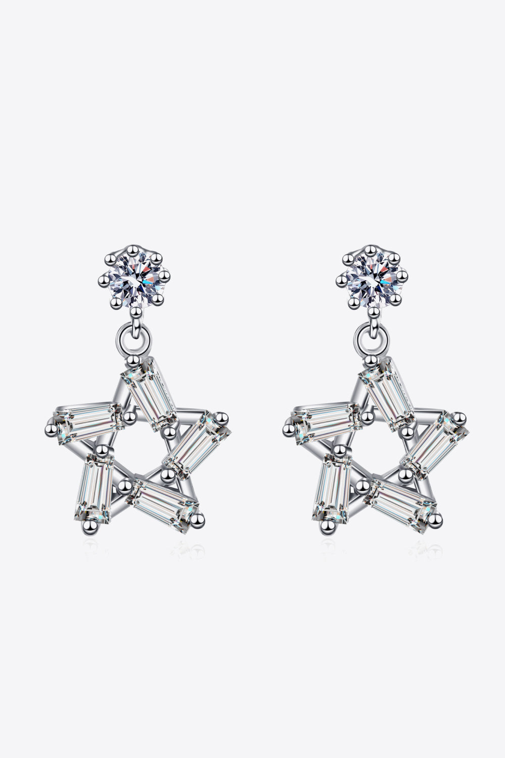 Elegant 925 sterling silver earrings featuring inlaid moissanite stones in a star design, polished finish.