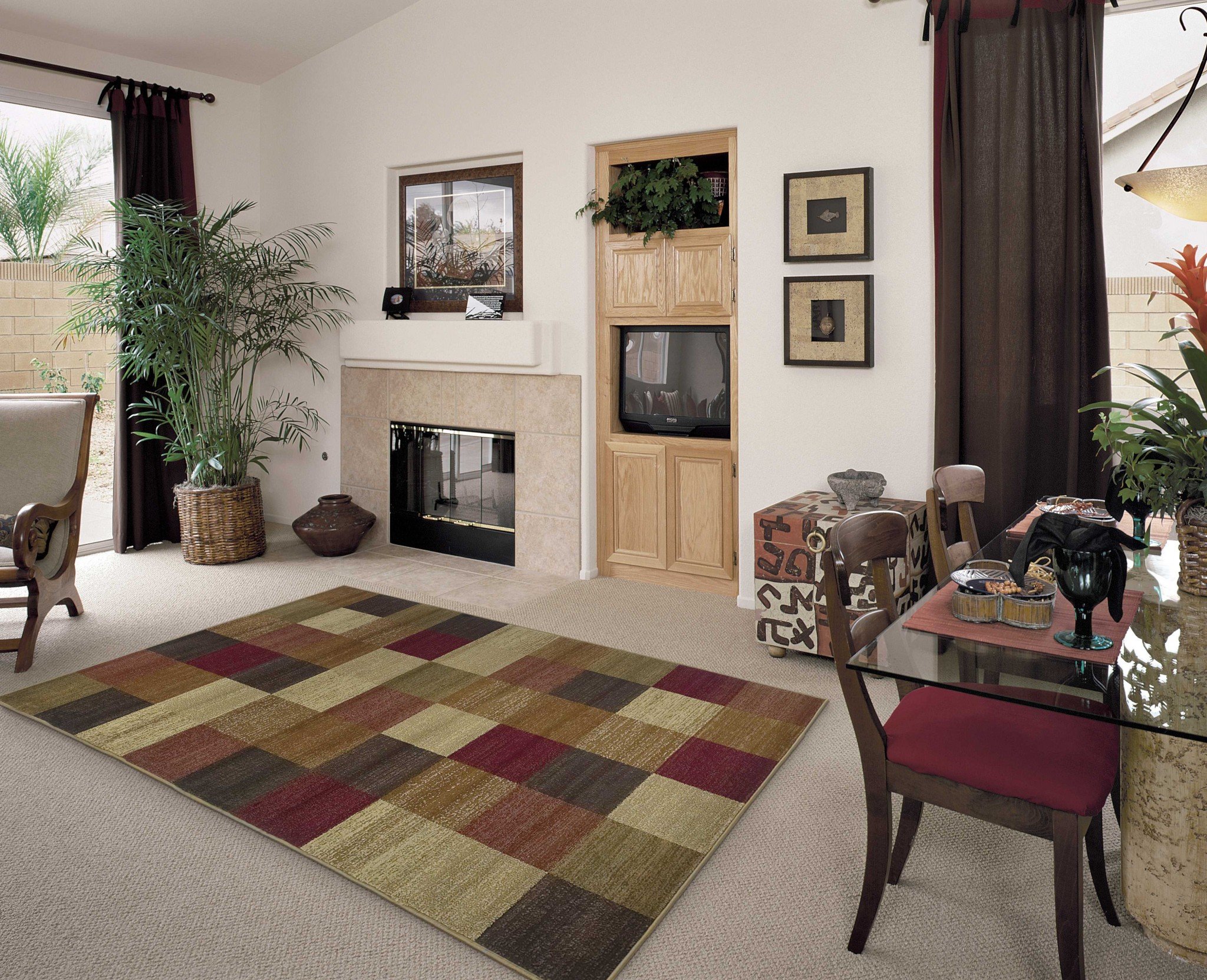 A stylish 94" X 94" beige polypropylene rug featuring a modern squares pattern, perfect for enhancing home decor.