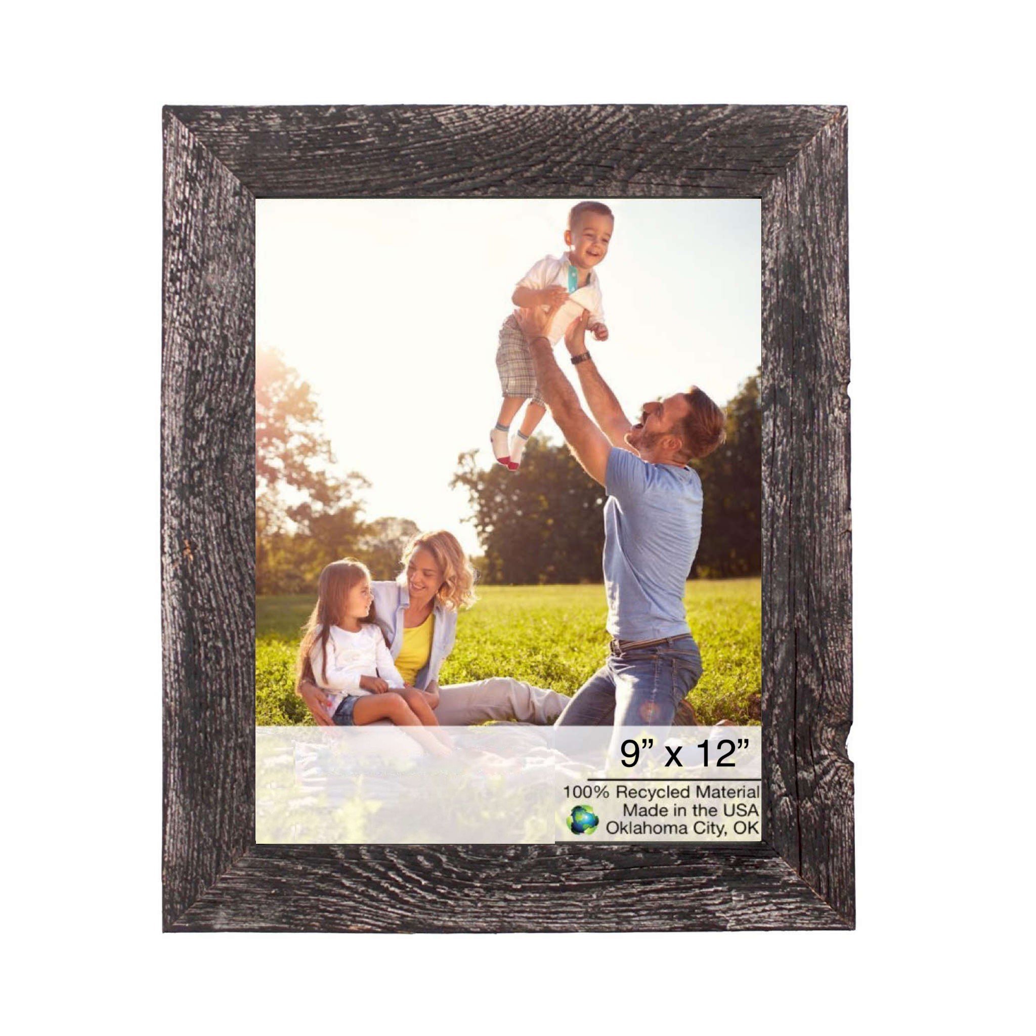 A rustic black wood frame measuring 9x12 inches, showcasing a handmade design with distressed wood, perfect for farmhouse decor.