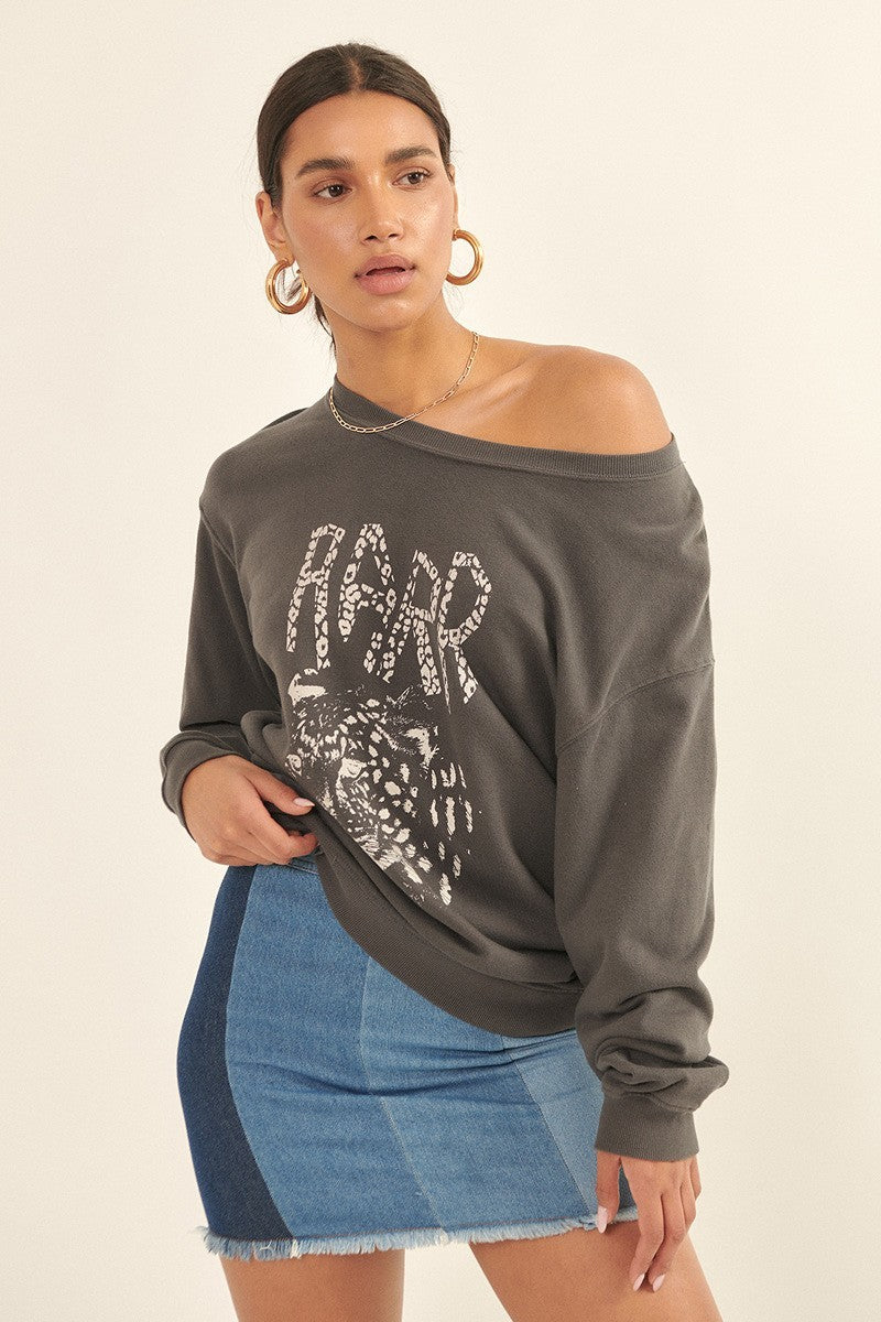 A charcoal garment dyed French terry graphic sweatshirt featuring a vintage leopard graphic and 'RARR' text, with a relaxed fit and ribbed details.