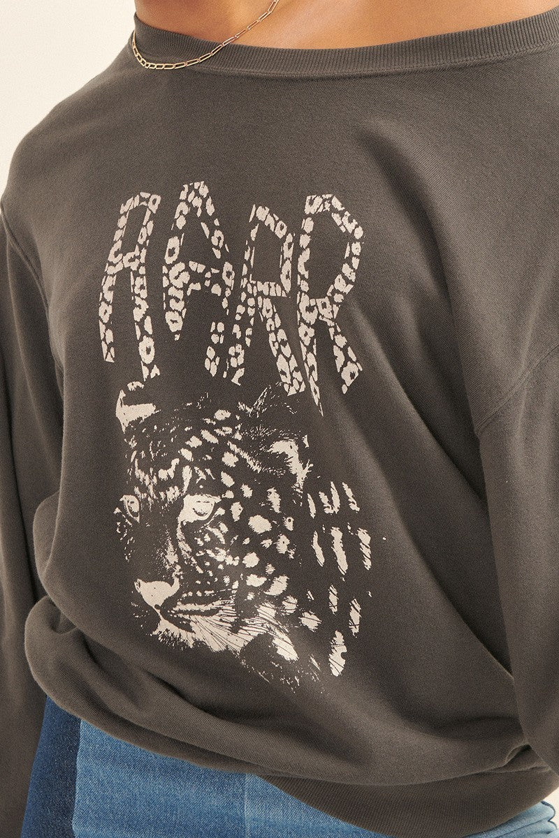 A charcoal garment dyed French terry graphic sweatshirt featuring a vintage leopard graphic and 'RARR' text, with a relaxed fit and ribbed details.