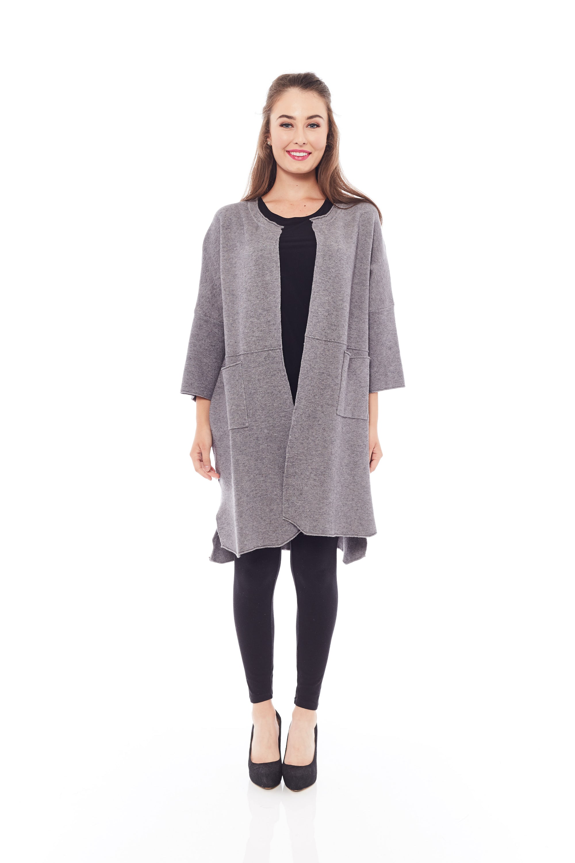 A Style Up Cardigan in Haze Grey featuring a loose fit, open front, and side slits for added comfort and style.