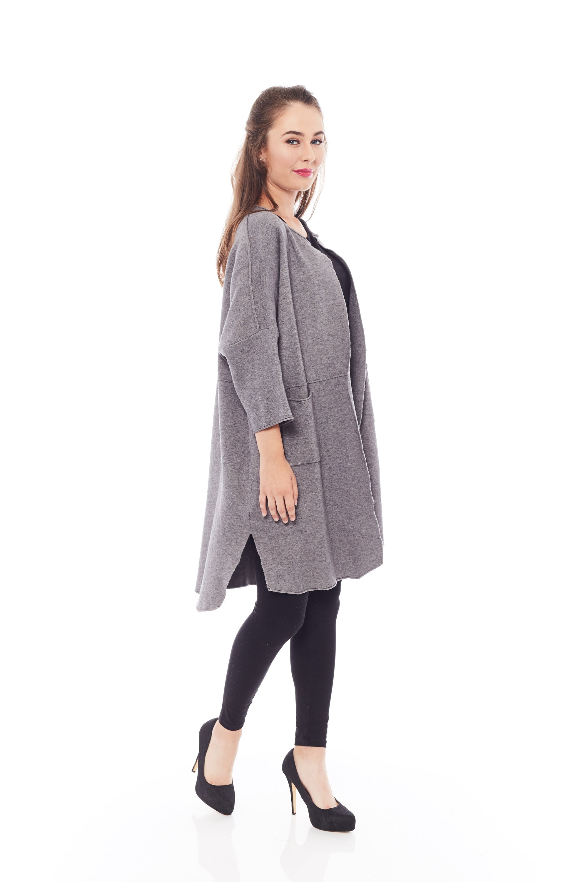 A Style Up Cardigan in Haze Grey featuring a loose fit, open front, and side slits for added comfort and style.