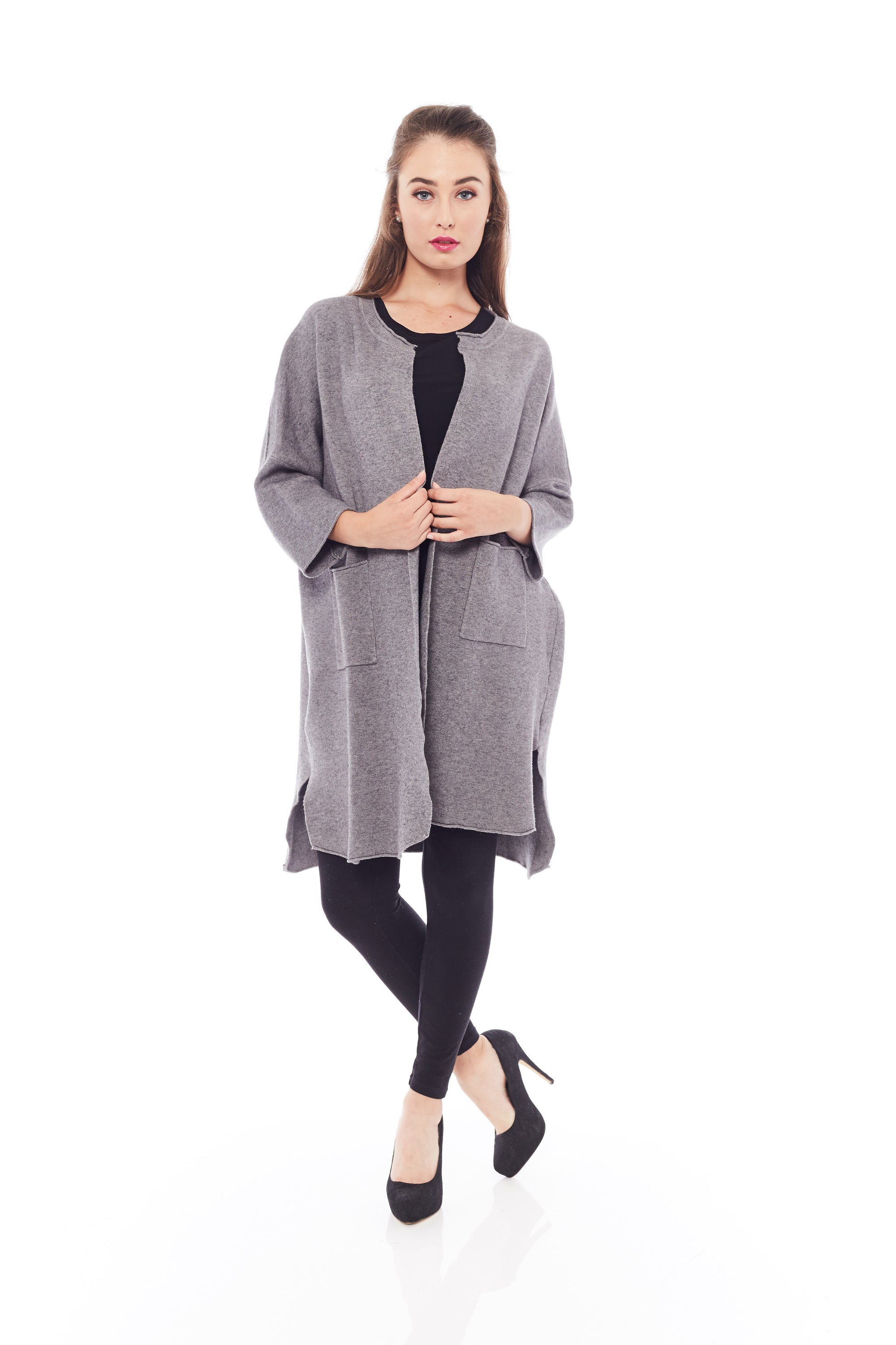 A Style Up Cardigan in Haze Grey featuring a loose fit, open front, and side slits for added comfort and style.