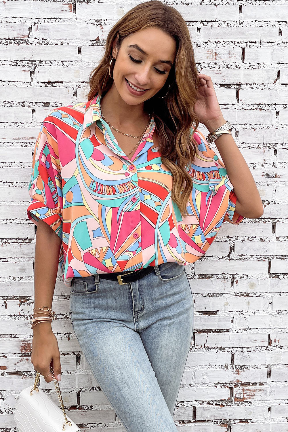 A stylish Abstract Half Puff Sleeve Loose Shirt featuring a vibrant abstract geometry print, designed for comfort and elegance.