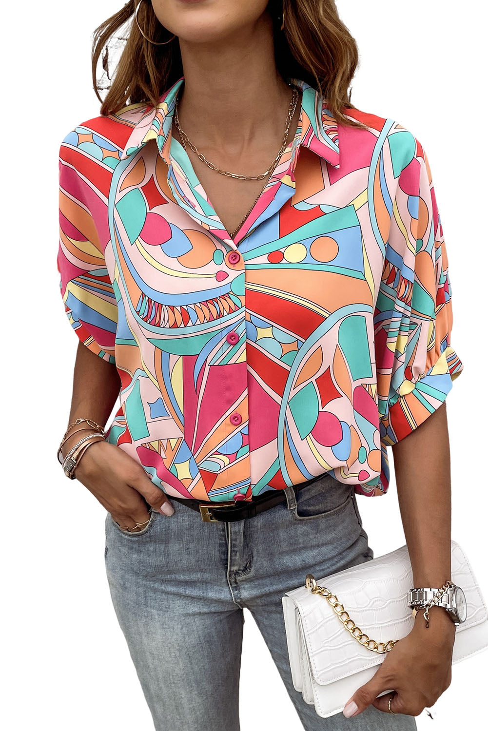 A stylish Abstract Half Puff Sleeve Loose Shirt featuring a vibrant abstract geometry print, designed for comfort and elegance.