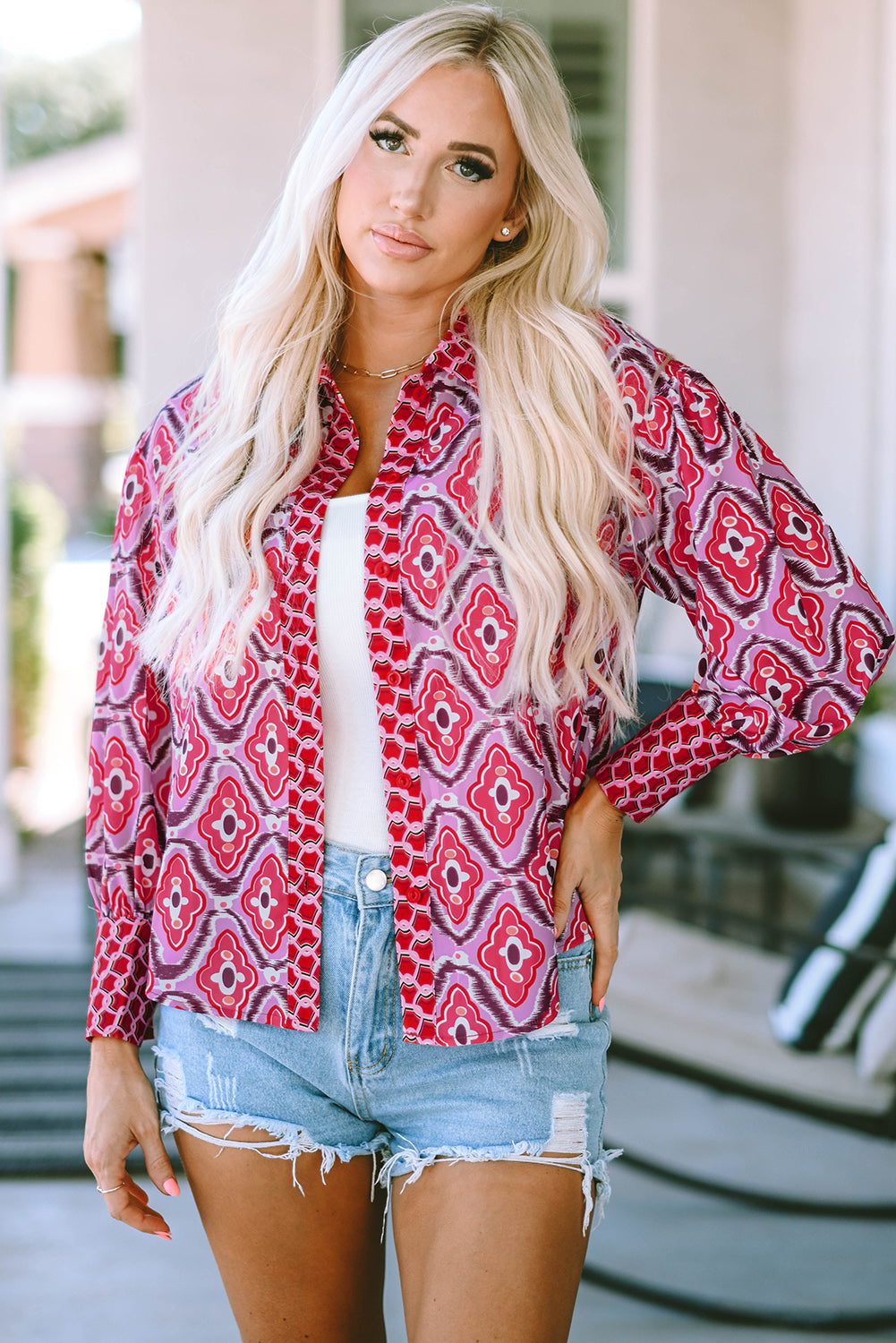 A stylish women's Abstract Print Button Up Long Sleeve Shirt in rosy color, featuring a fitted design and button-down closure.